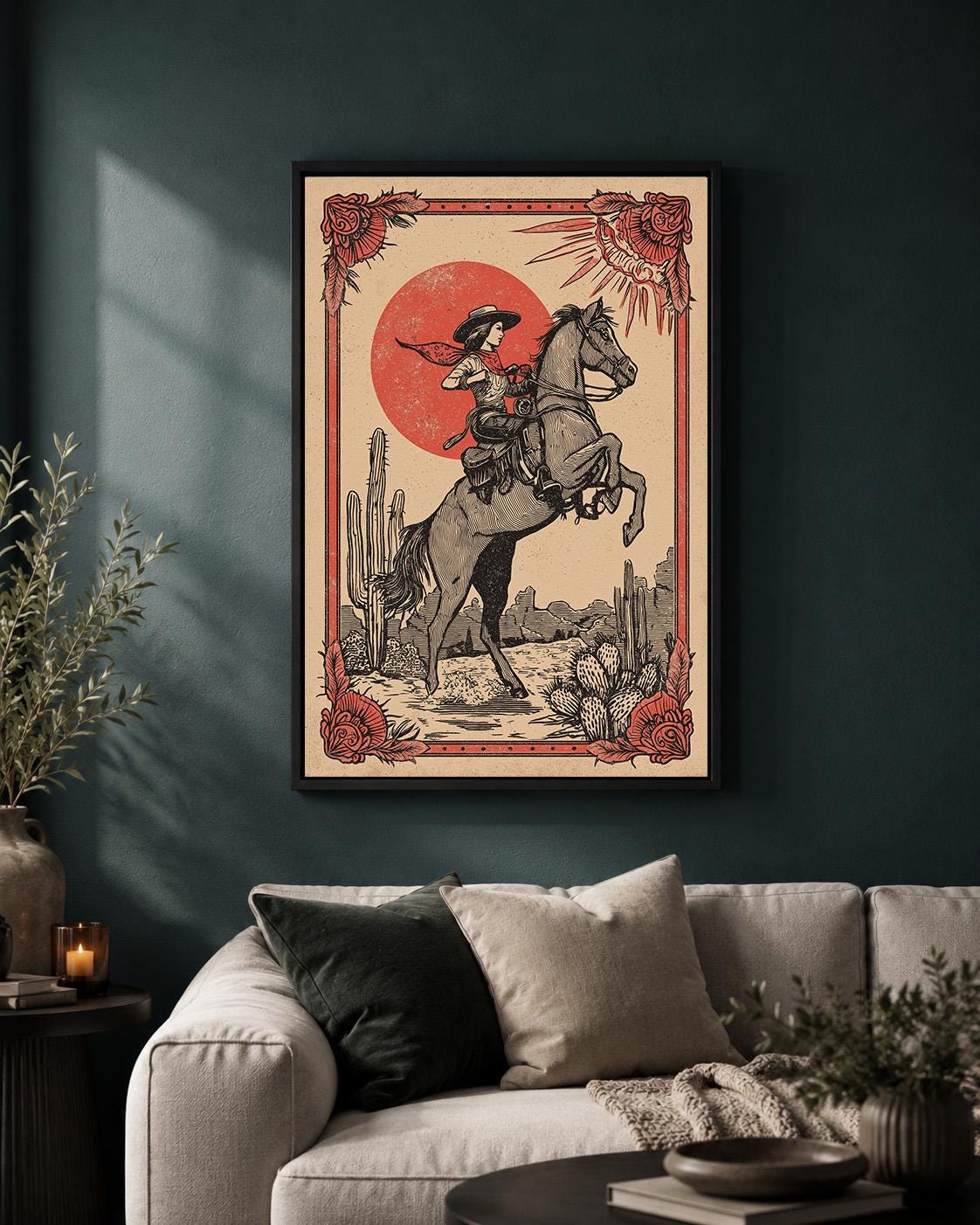 Cowgirl Horse Riding Vintage Western Rodeo Framed Canvas Art
