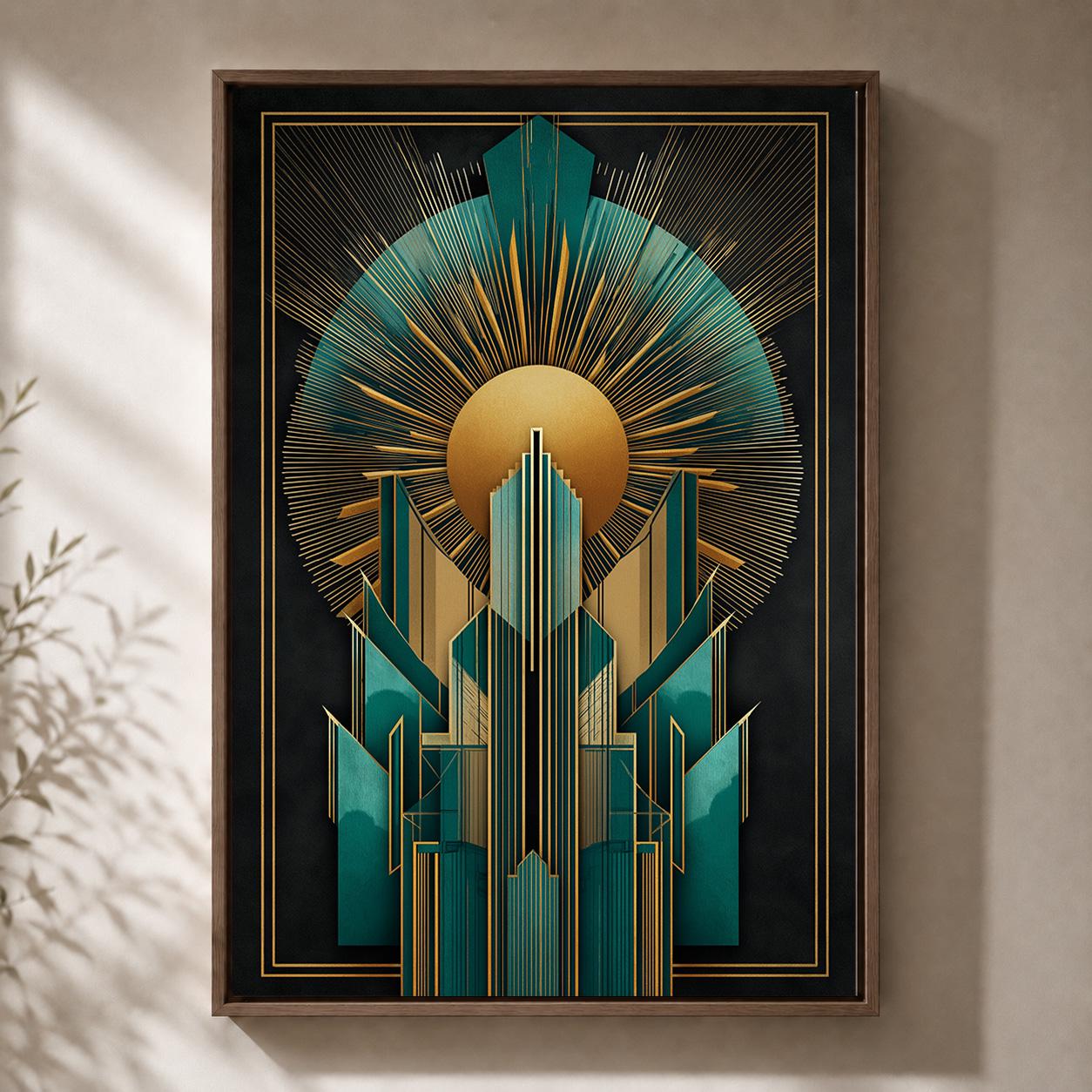 Art Deco Teal Gold Geometric Framed Canvas Wall Art