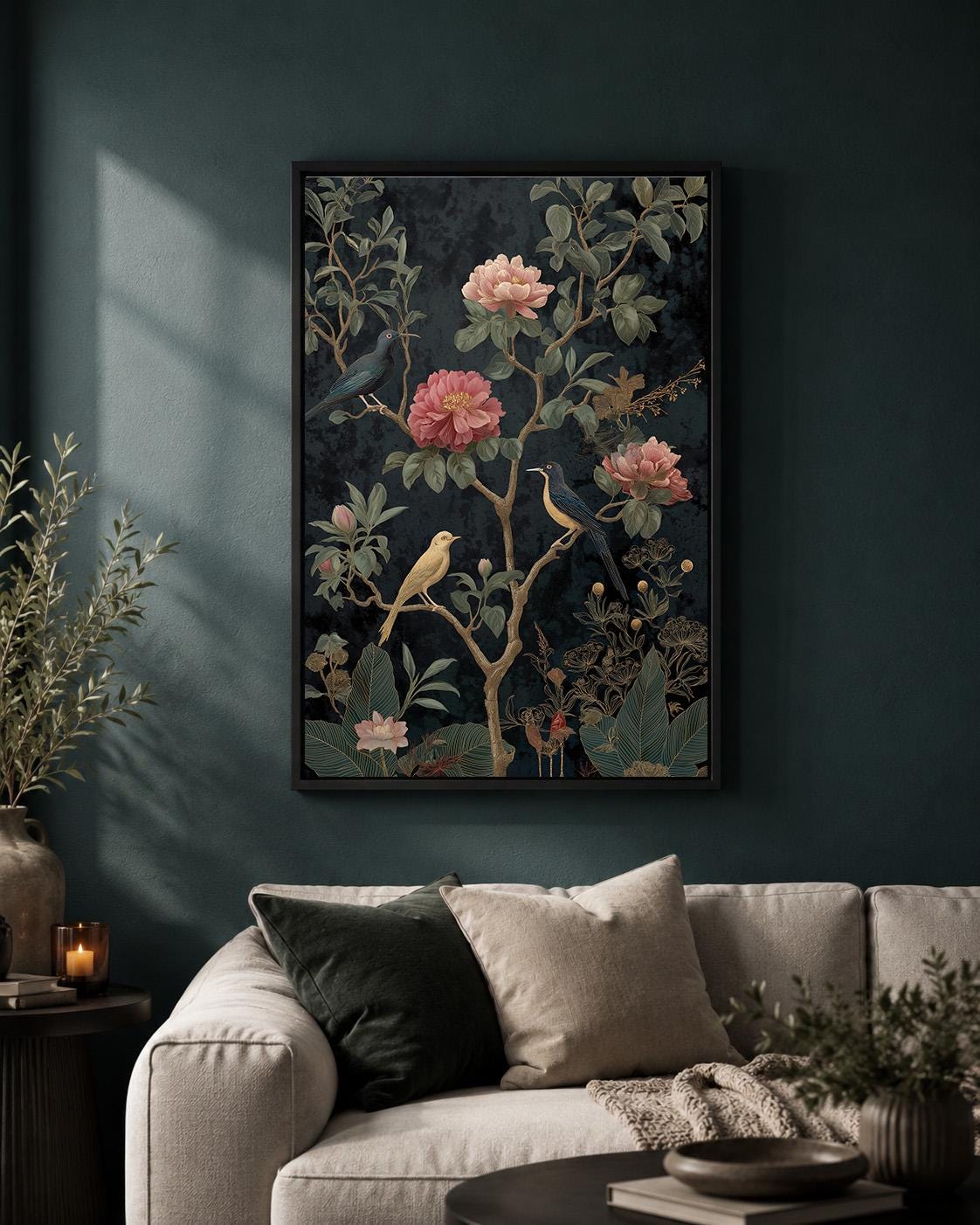 Dark Chinoiserie Floral Bird Framed Canvas Art