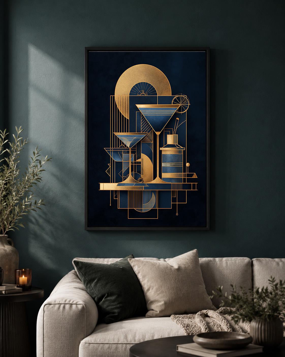Art Deco Martini Cocktail Framed Canvas