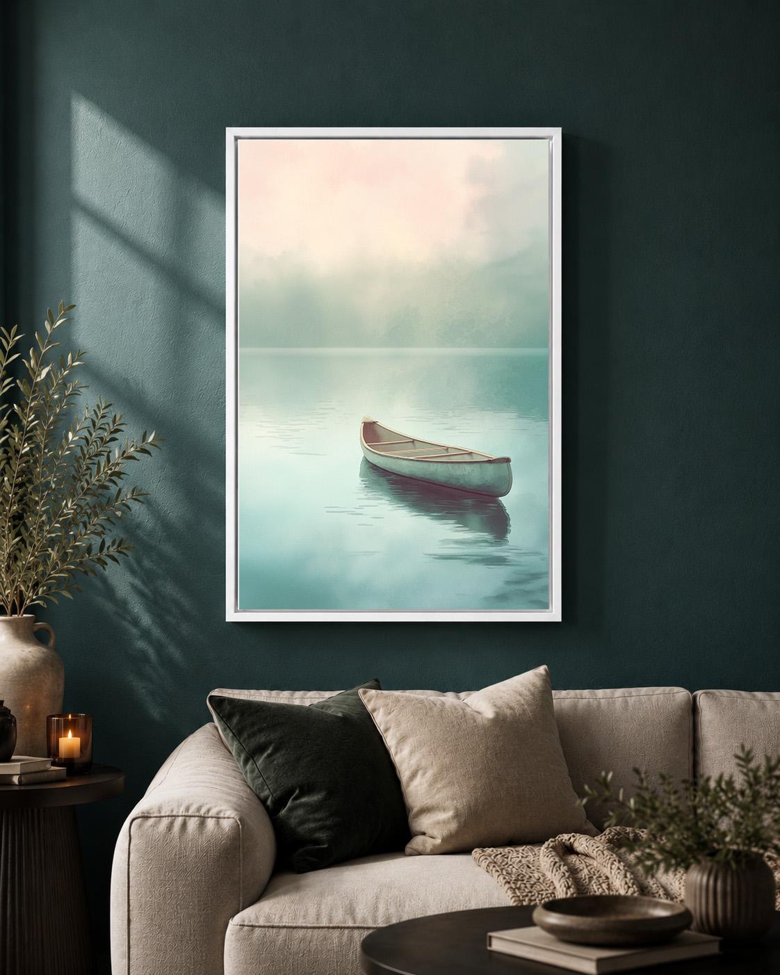 Minimalist Canoe Misty Lake Framed Canvas Art