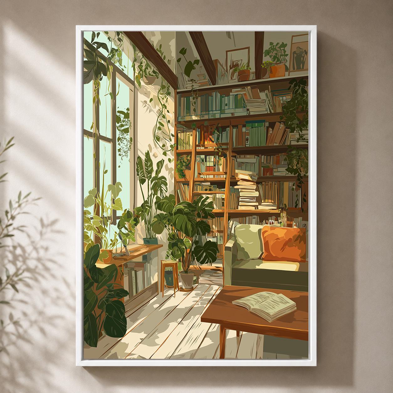 Cozy Plant Filled Library Framed Canvas Art