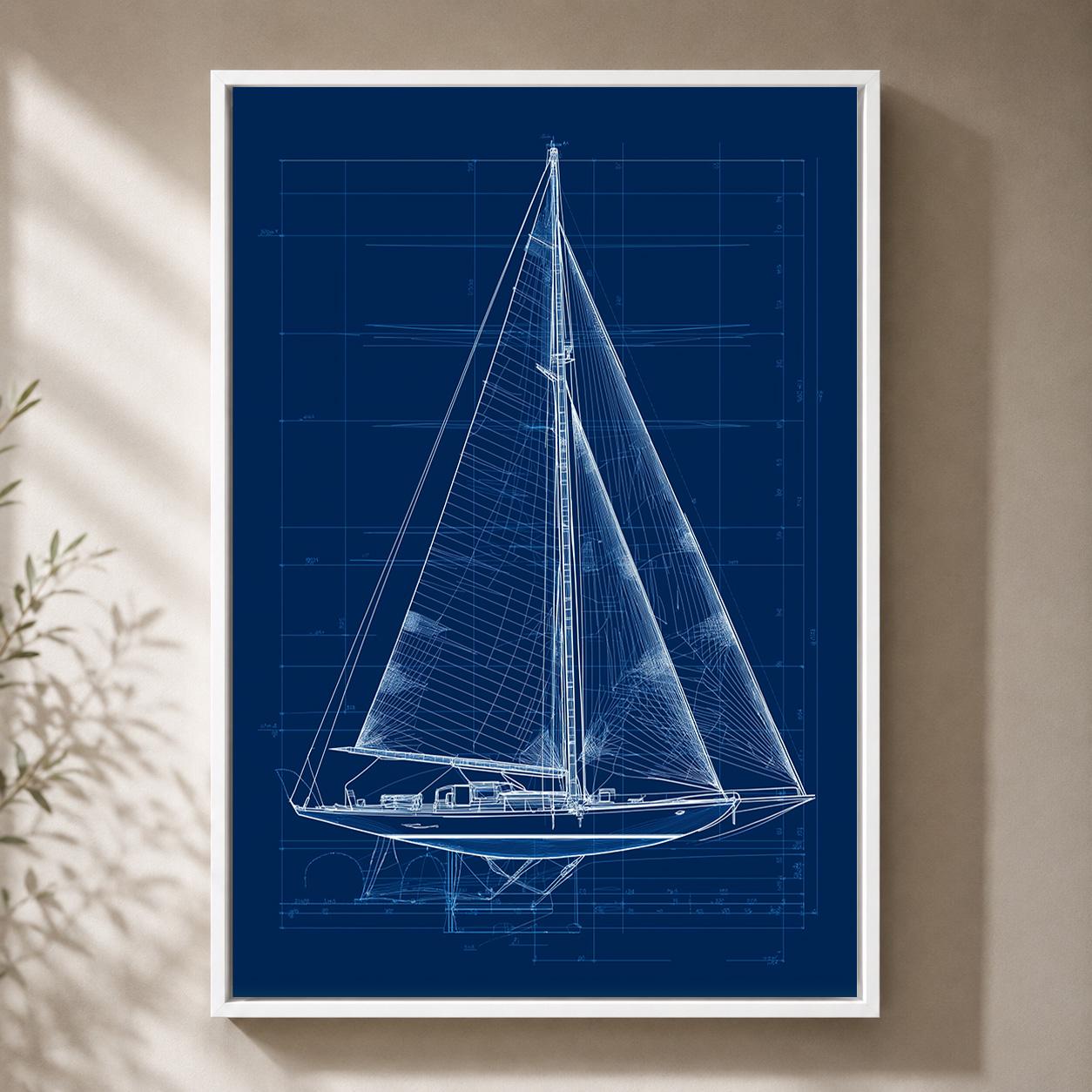 Sailboat Blueprint Framed Canvas