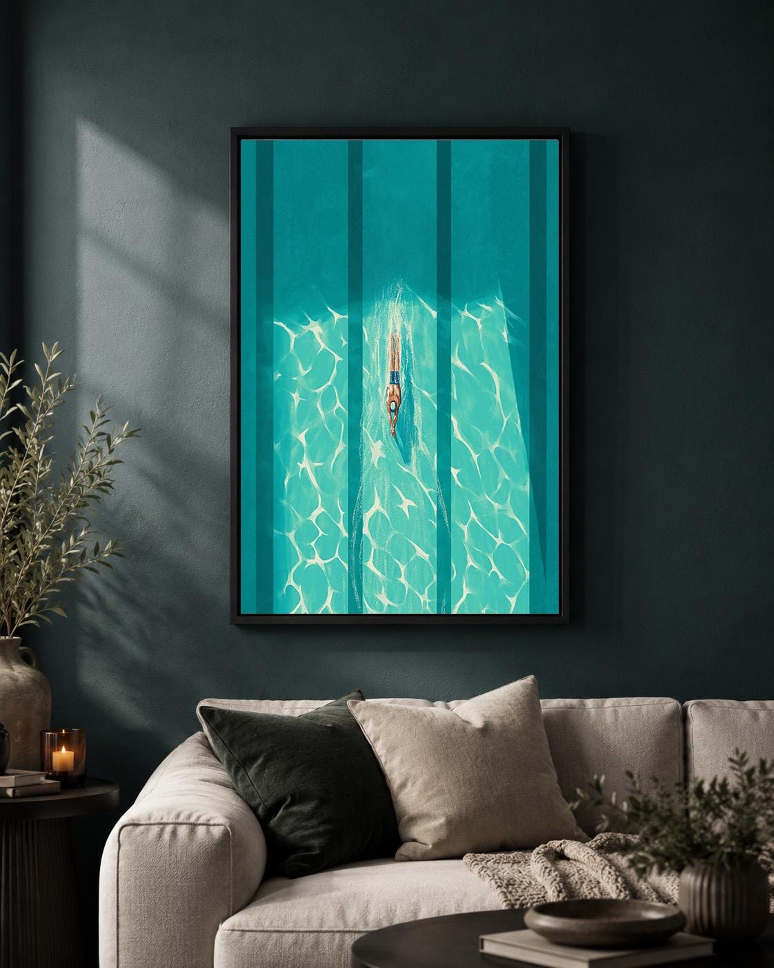 Aerial Swimmer in Pool Framed Canvas