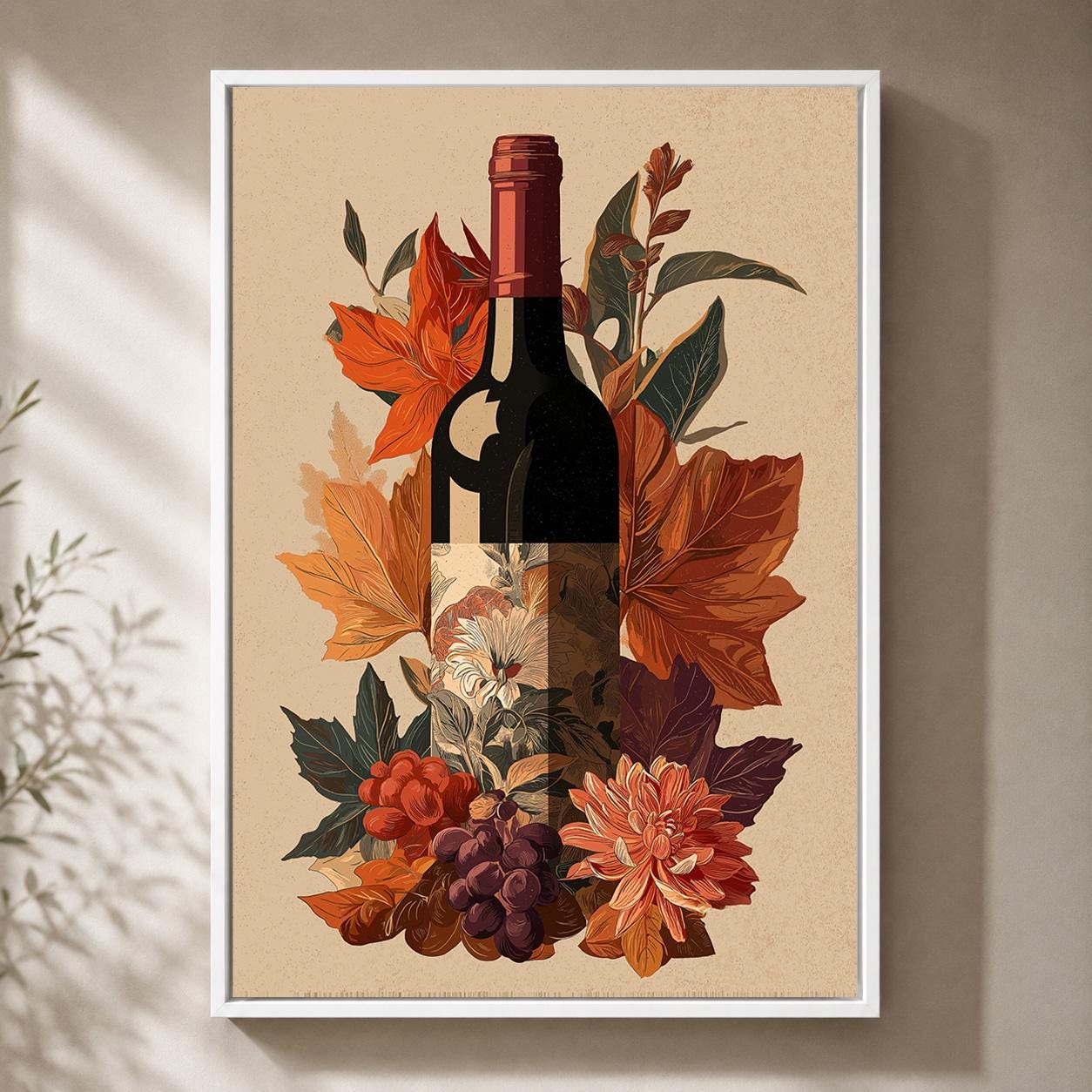 Rustic Floral Autumn Wine Bottle Framed Canvas Art