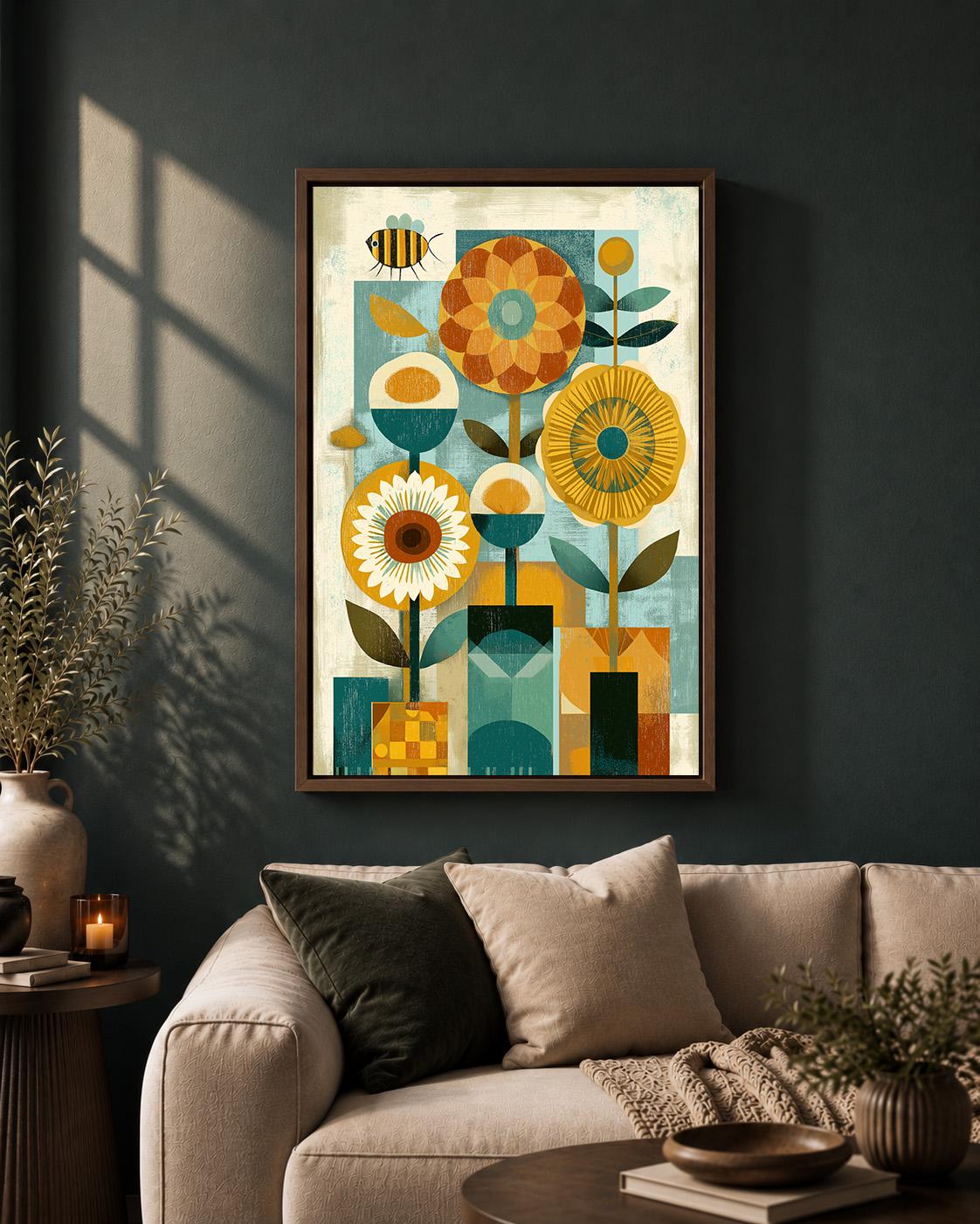 Mid Century Modern Floral Framed Canvas