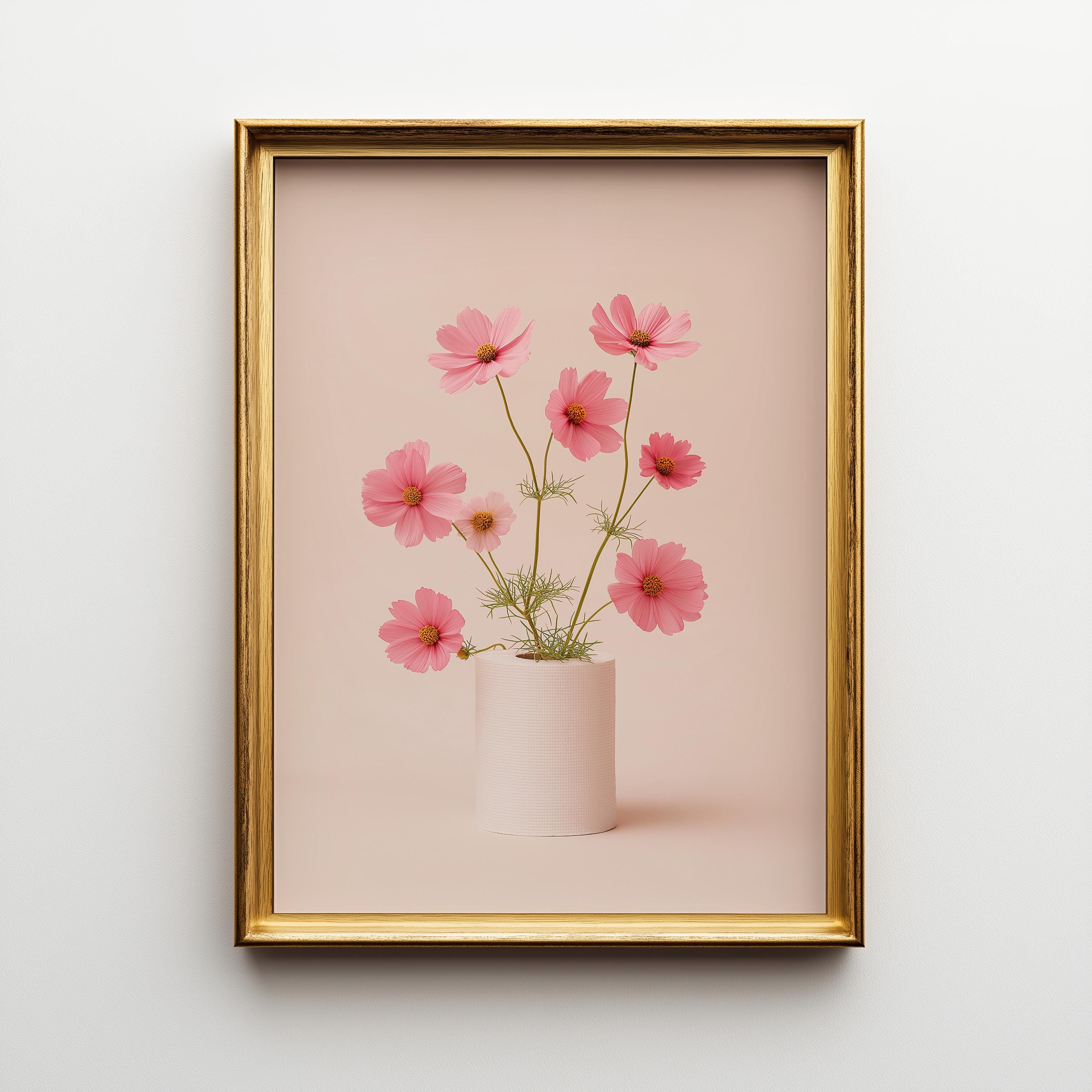 A framed art print featuring pink cosmos flowers in a white vase against a soft pink background, enclosed in a gold frame and mounted on a light gray wall.