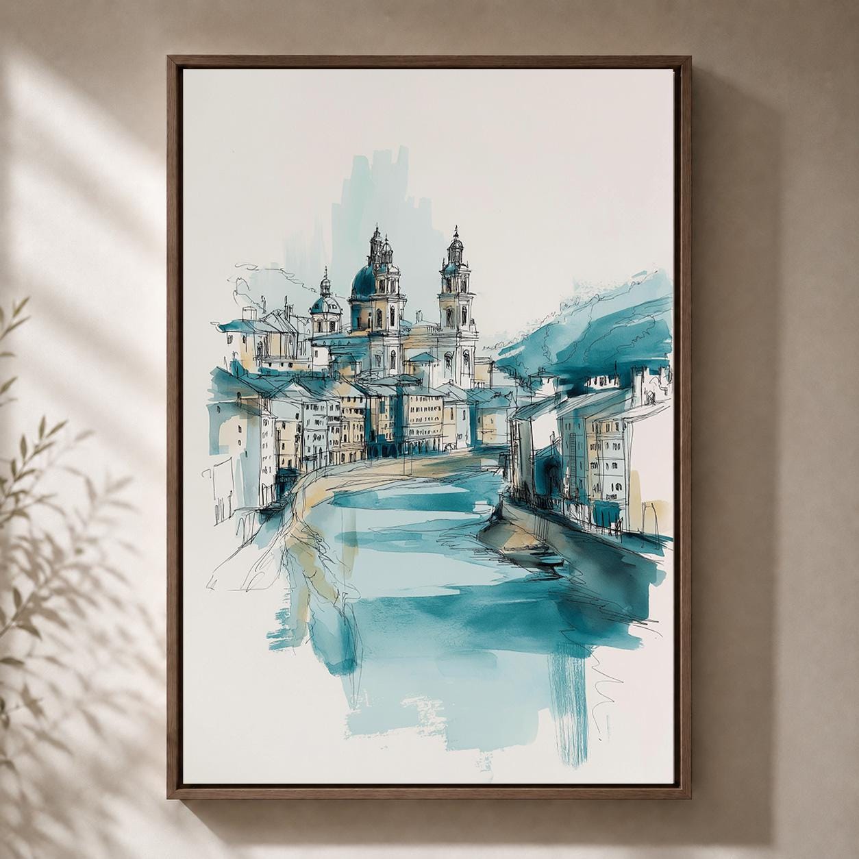 Blue European Cityscape Framed Canvas