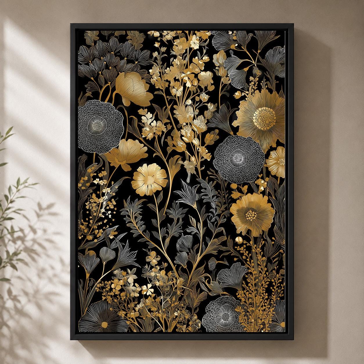 Black & Gold Botanical Framed Canvas
