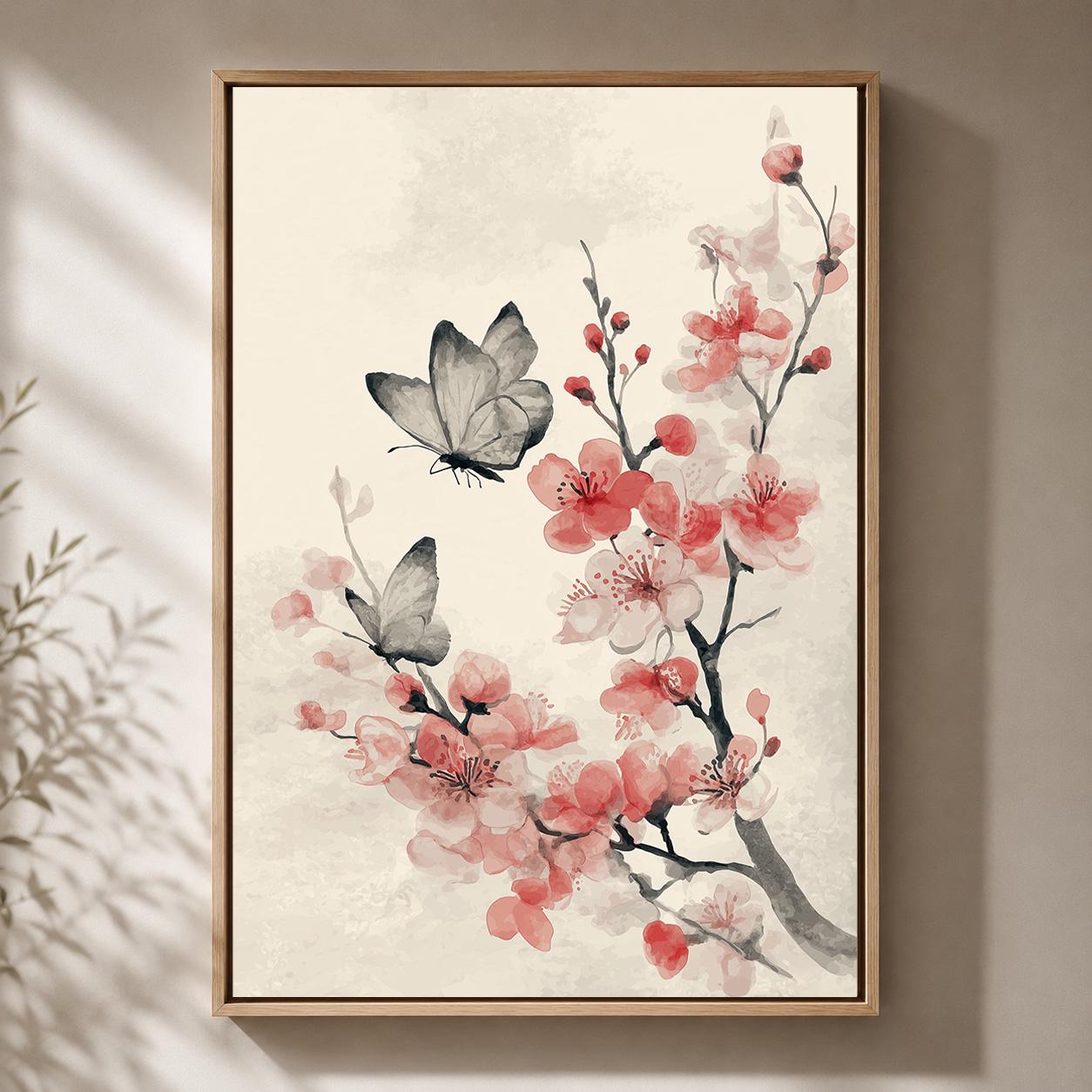 Japandi Cherry Blossom & Butterfly Framed Canvas