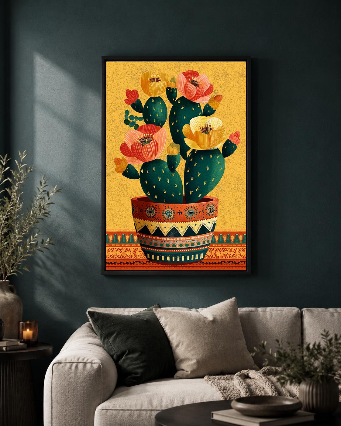 Boho Desert Cactus Flower Framed Canvas