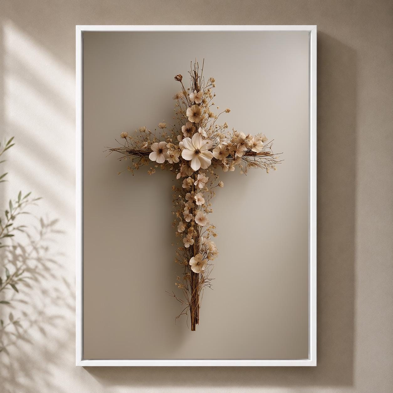 Floral Religious Cross Framed Canvas