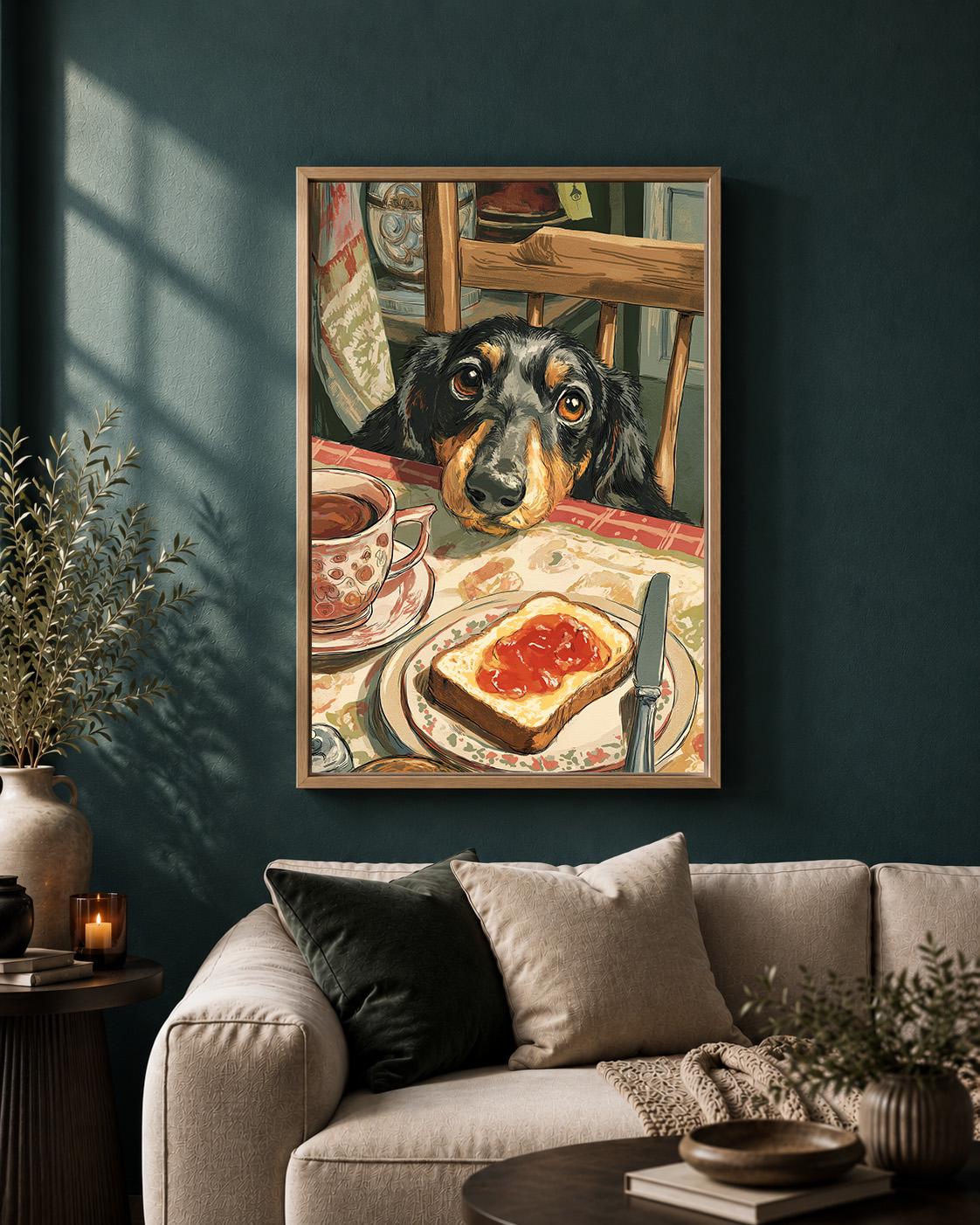 Vintage Dachshund Breakfast Framed Canvas