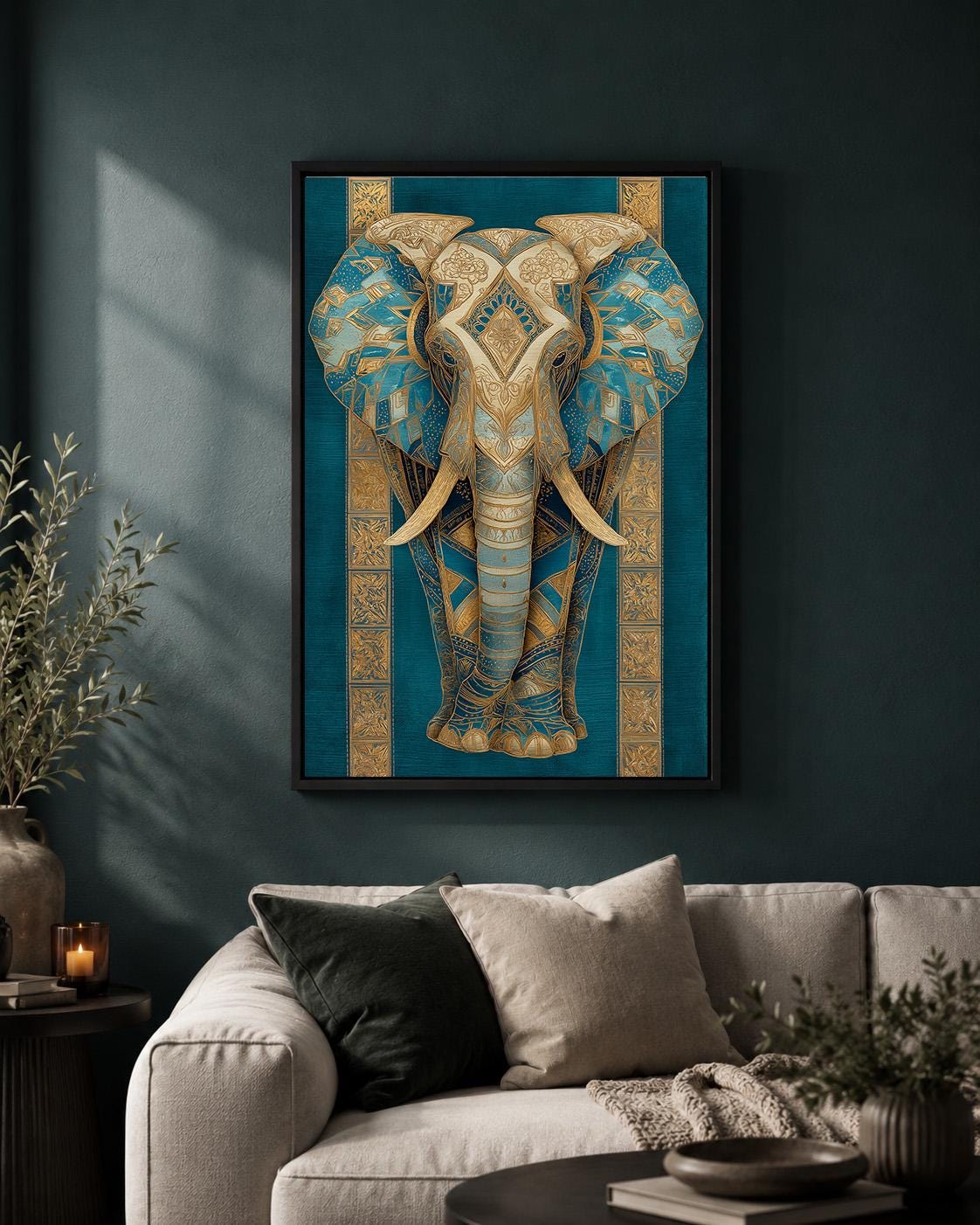 Blue Gold Elephant Framed Canvas