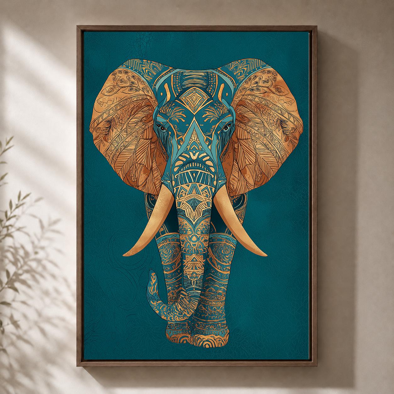 Maximalist Teal & Gold Elephant Framed Canvas