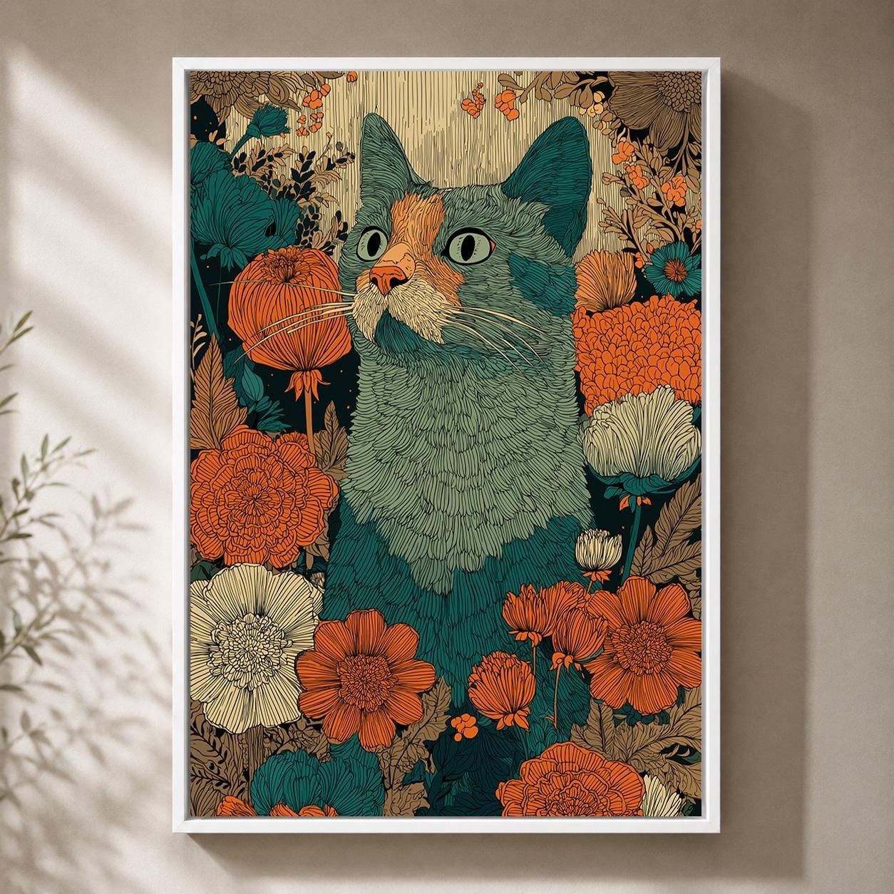 Teal & Orange Boho Cat Floral  Folk Framed Canvas