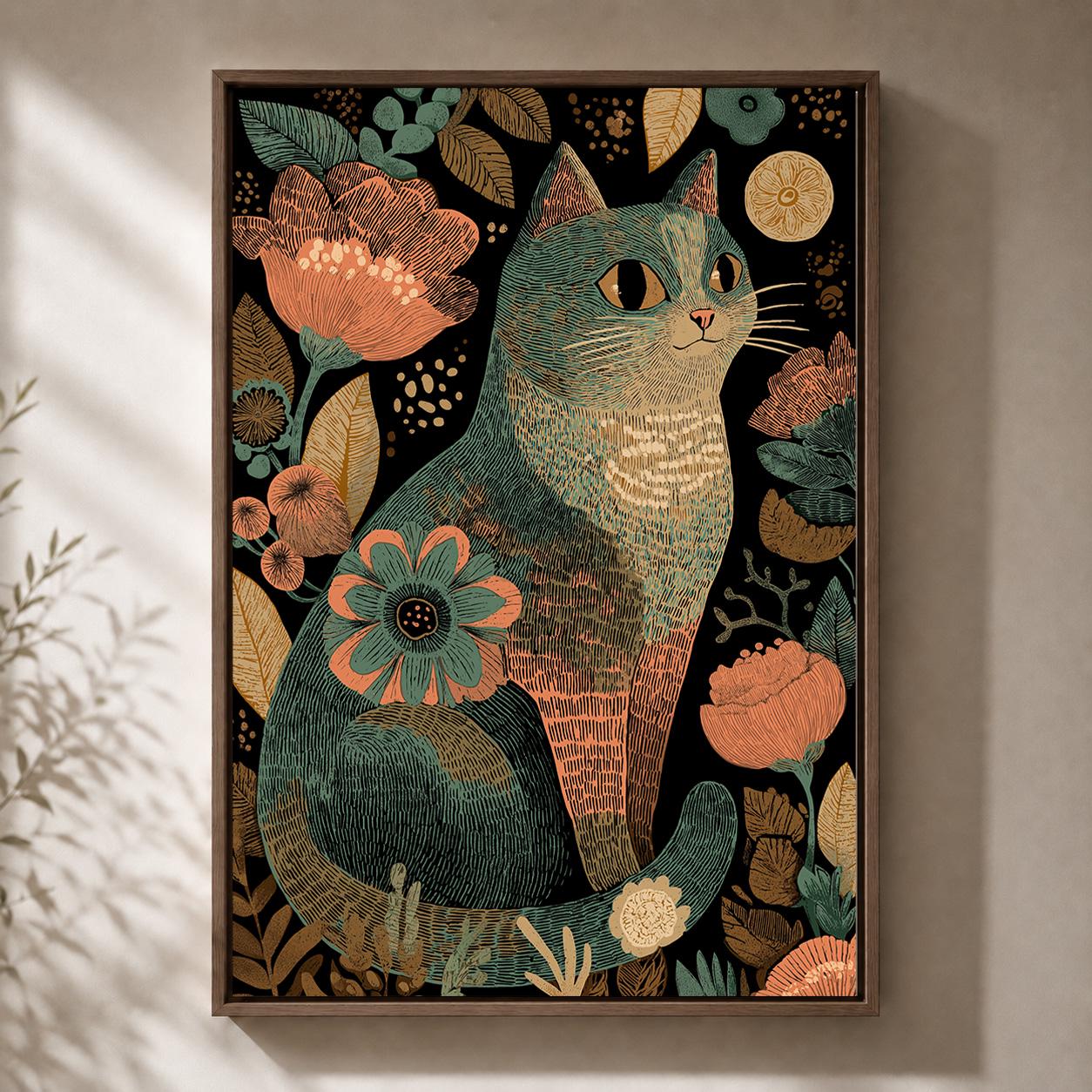 Boho Cat Floral Folk Art Framed Canvas