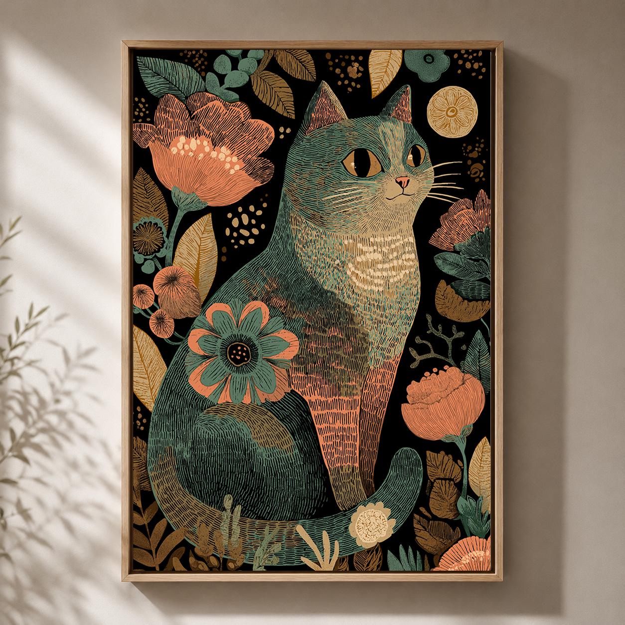 Boho Cat Floral Folk Art Framed Canvas