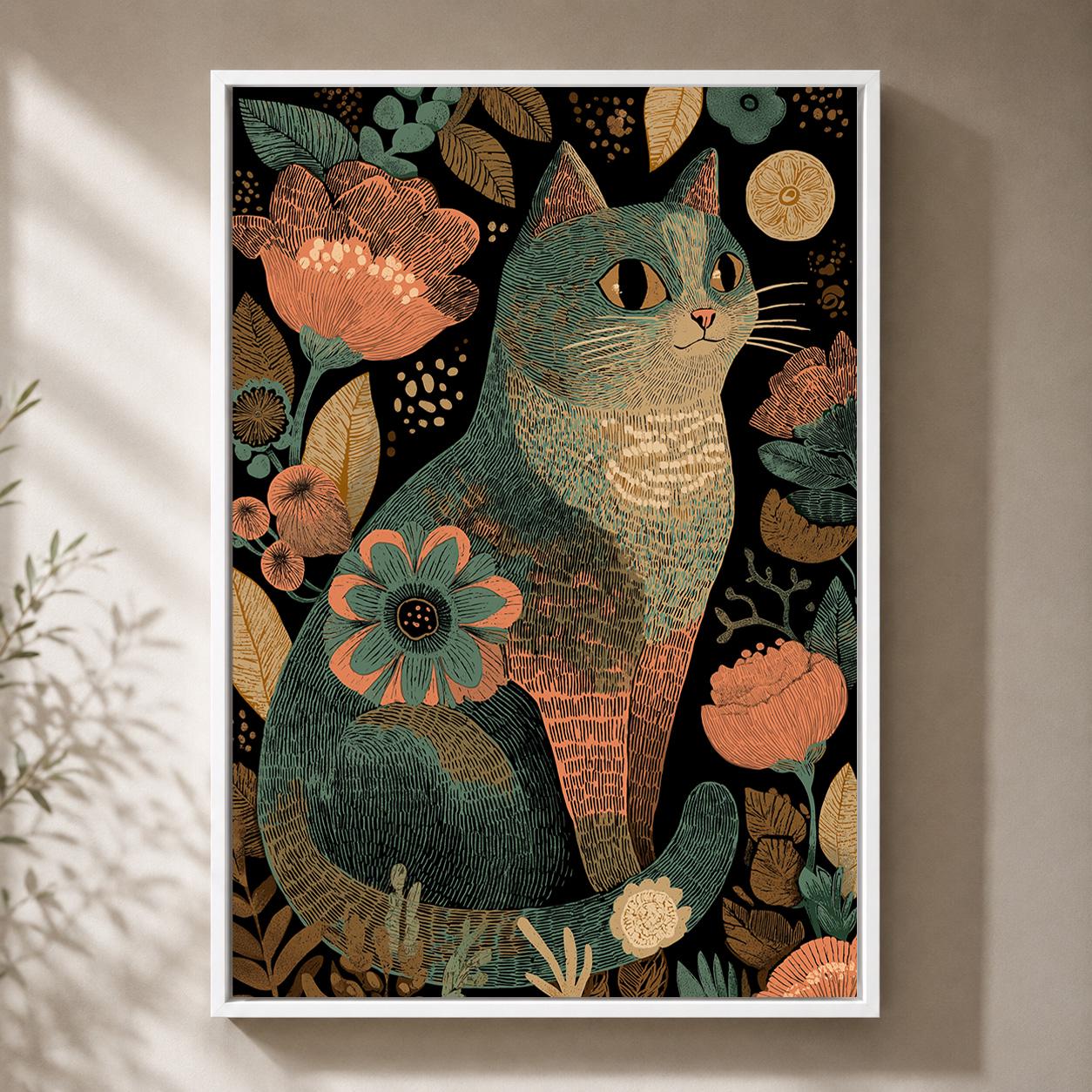 Boho Cat Floral Folk Art Framed Canvas