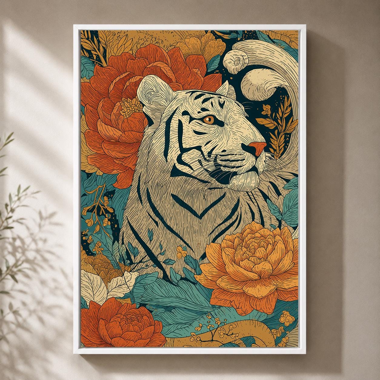White Tiger Floral Framed Canvas