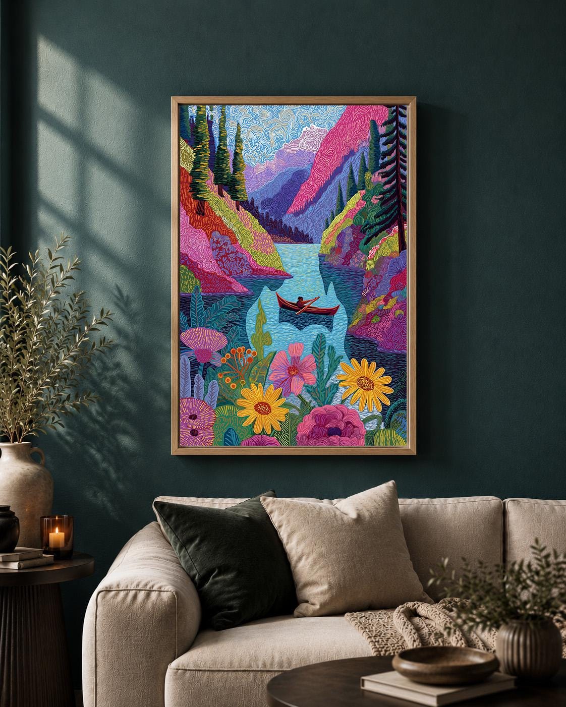 Colorful Mountain Lake Framed Canvas
