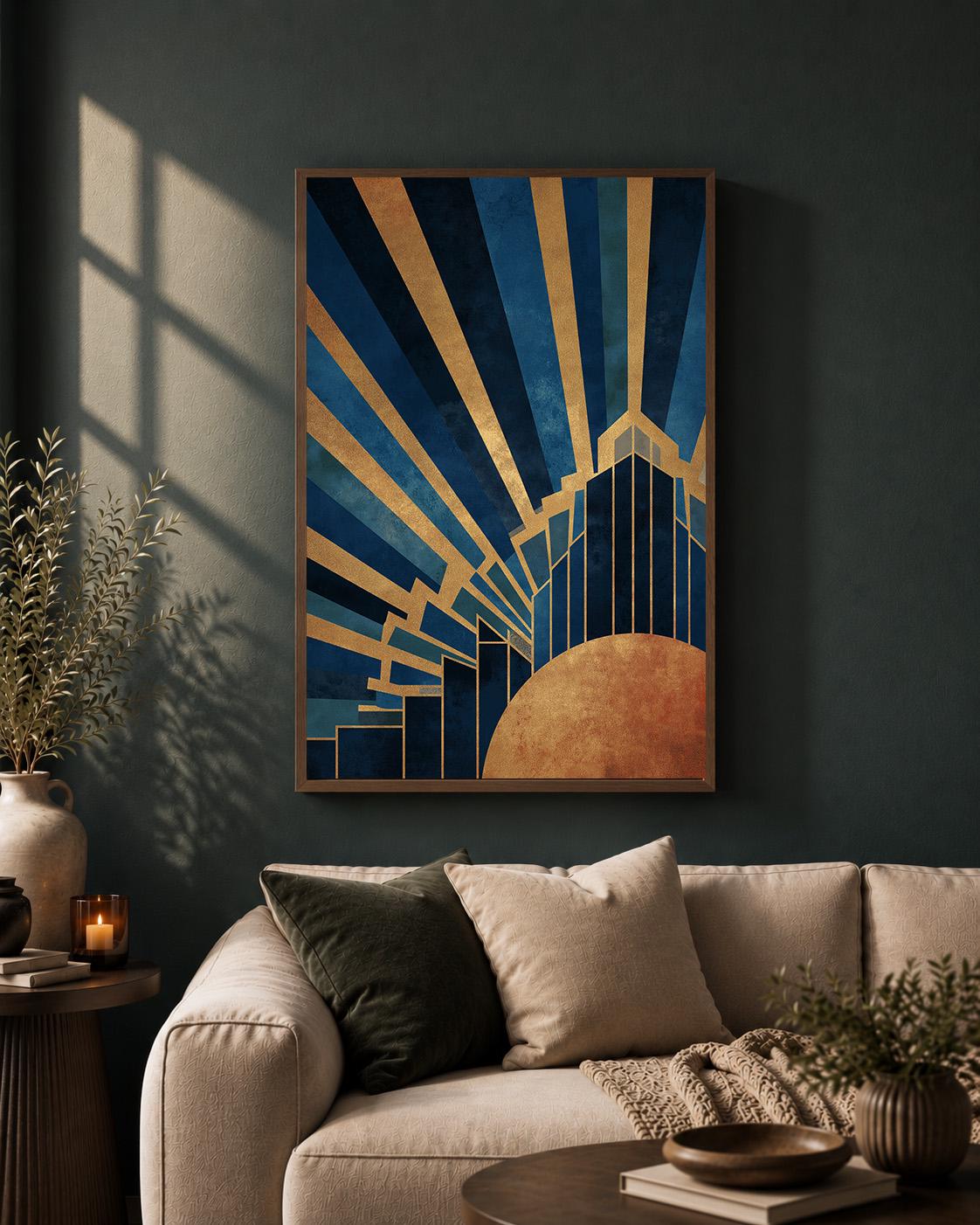 Art Deco Blue & Gold Framed Canvas Print