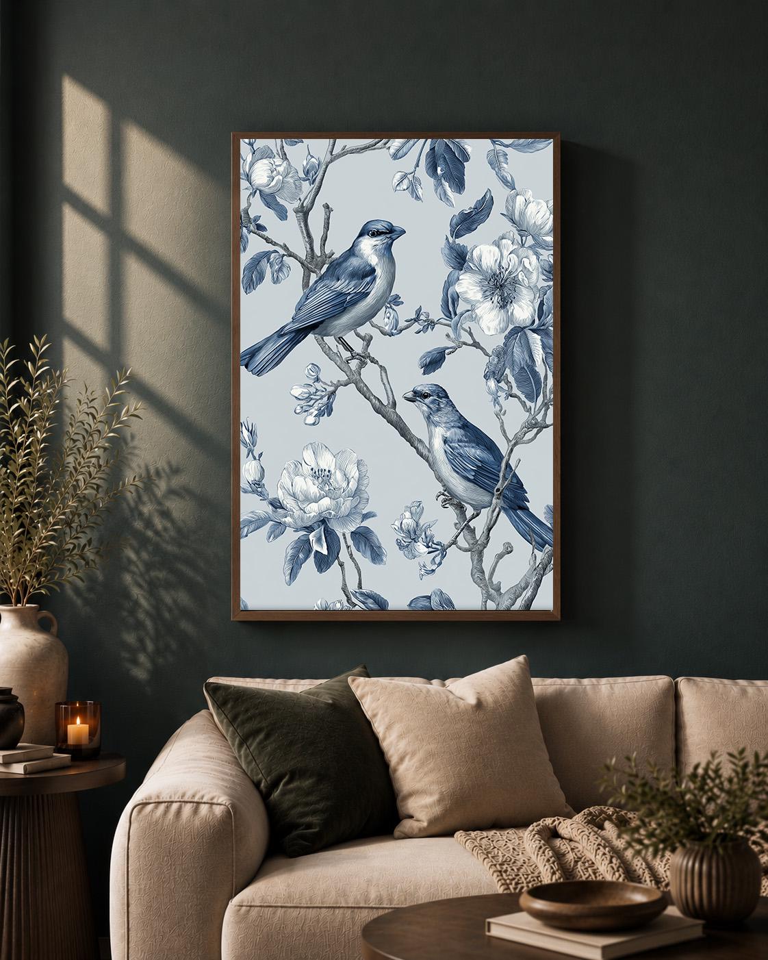 Blue Chinoiserie Bird Framed Canvas