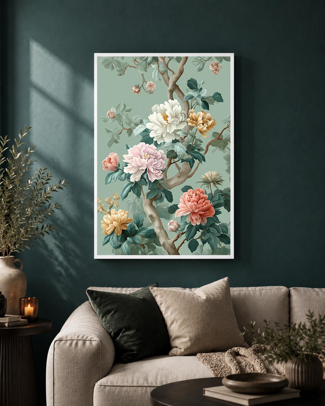 Sage Green Chinoiserie Peony Framed Canvas