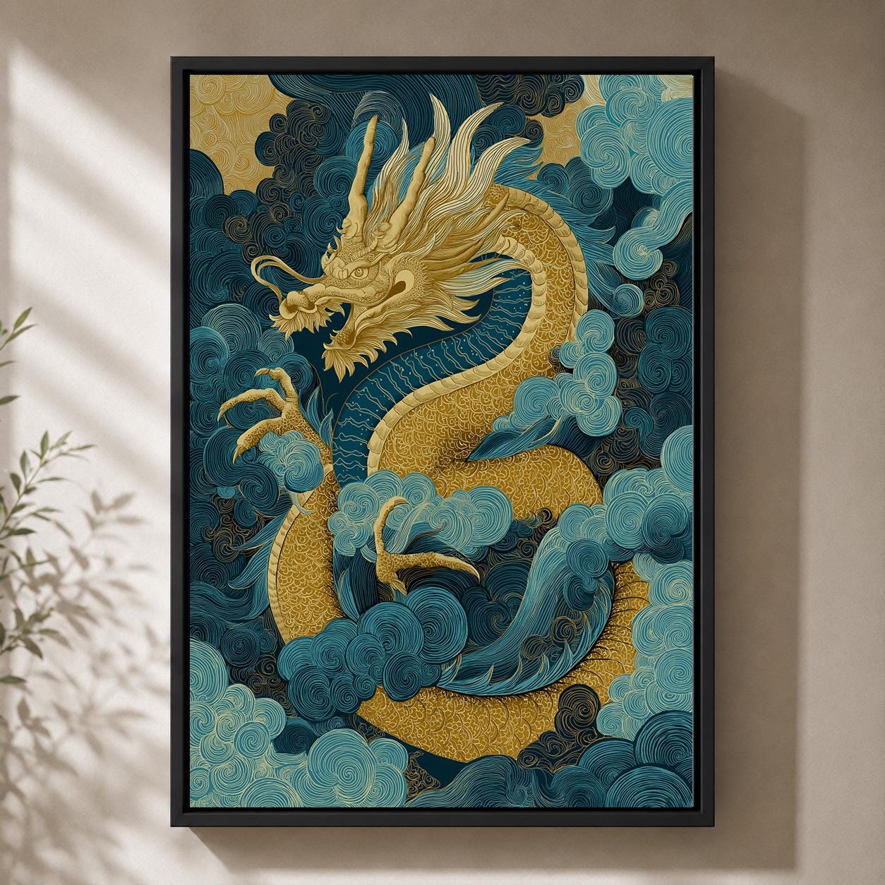 Blue & Gold Japanese Dragon Framed Canvas