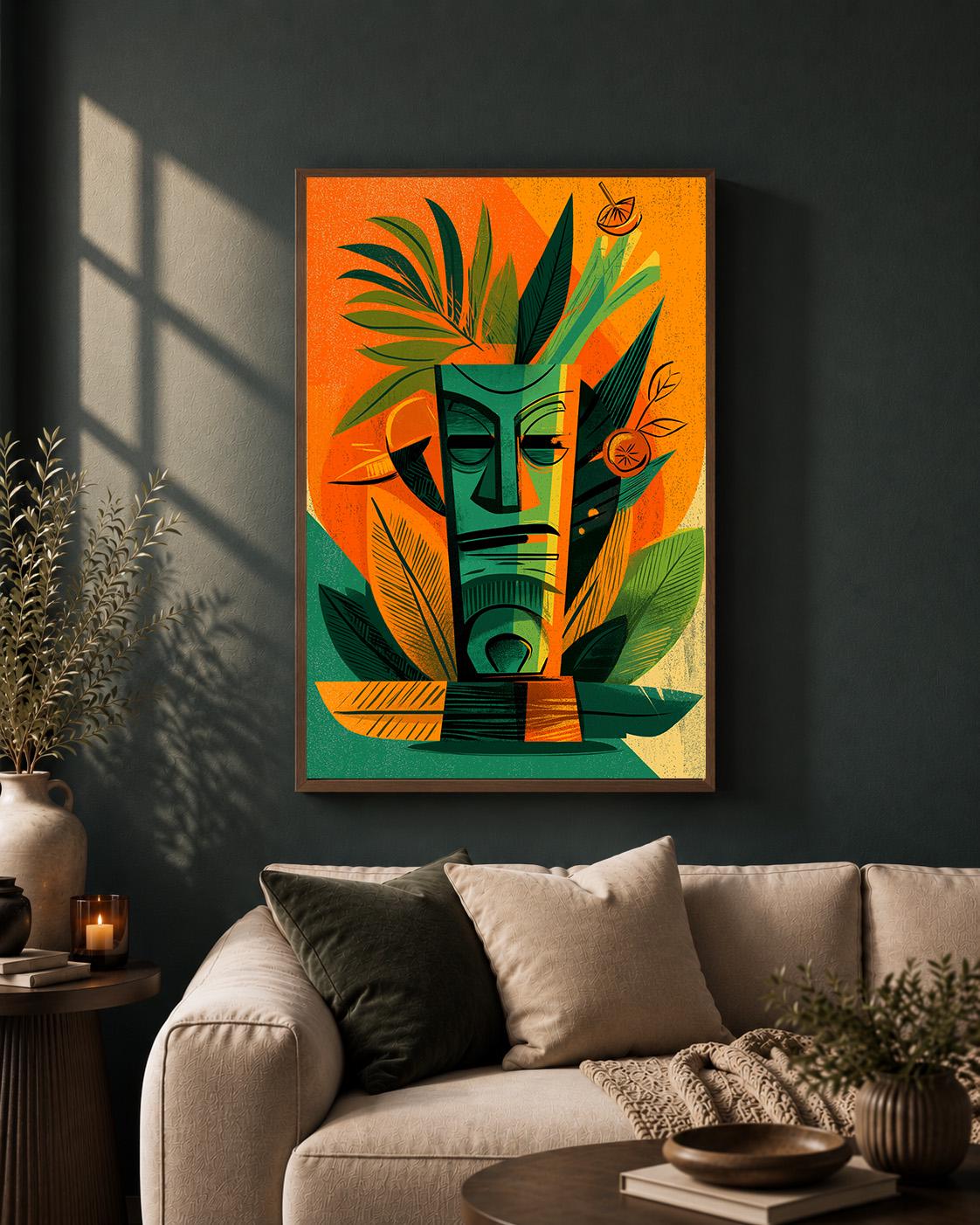 Mid Century Tiki Mask Framed Canvas