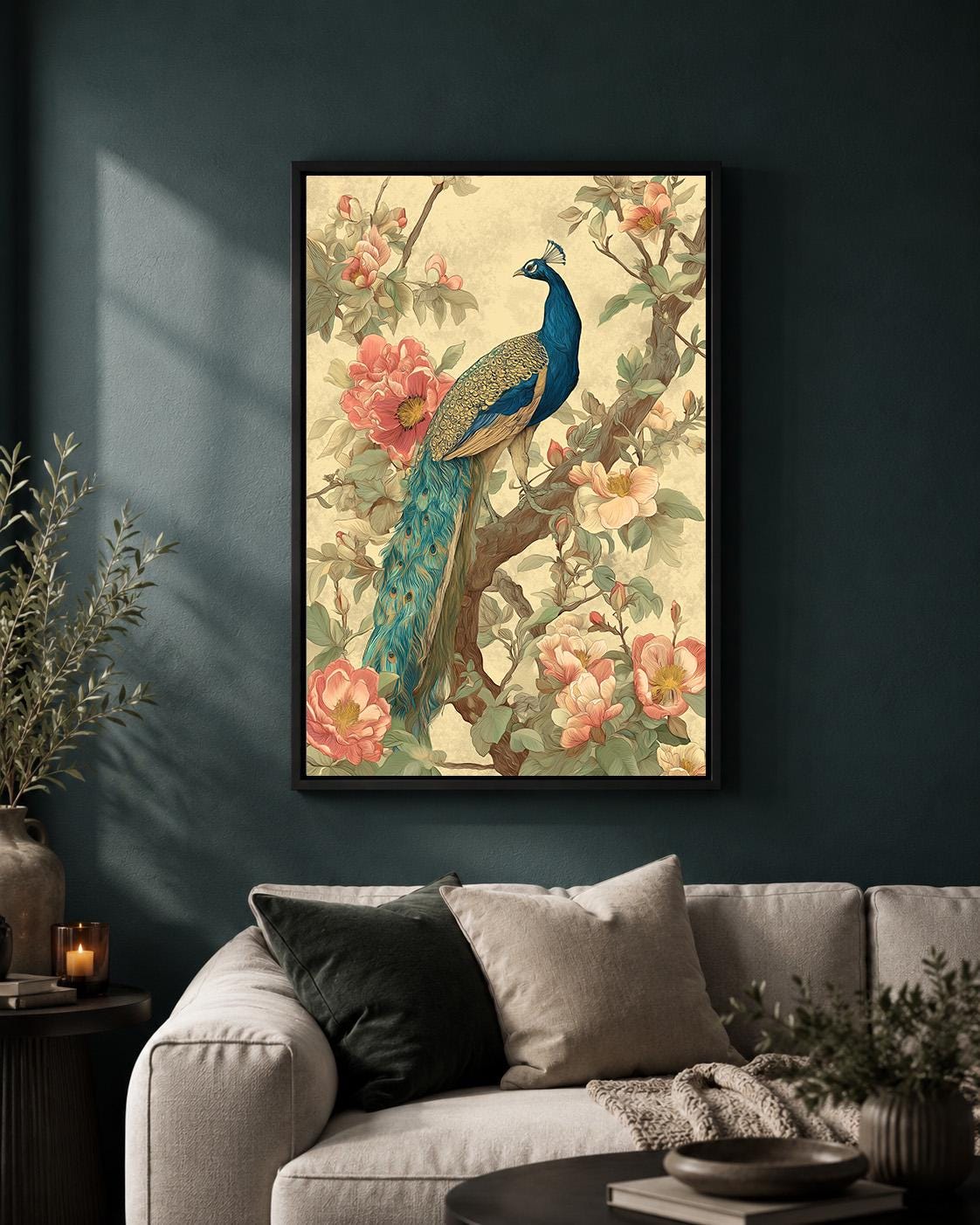 Vintage Peacock Floral Framed Canvas Art