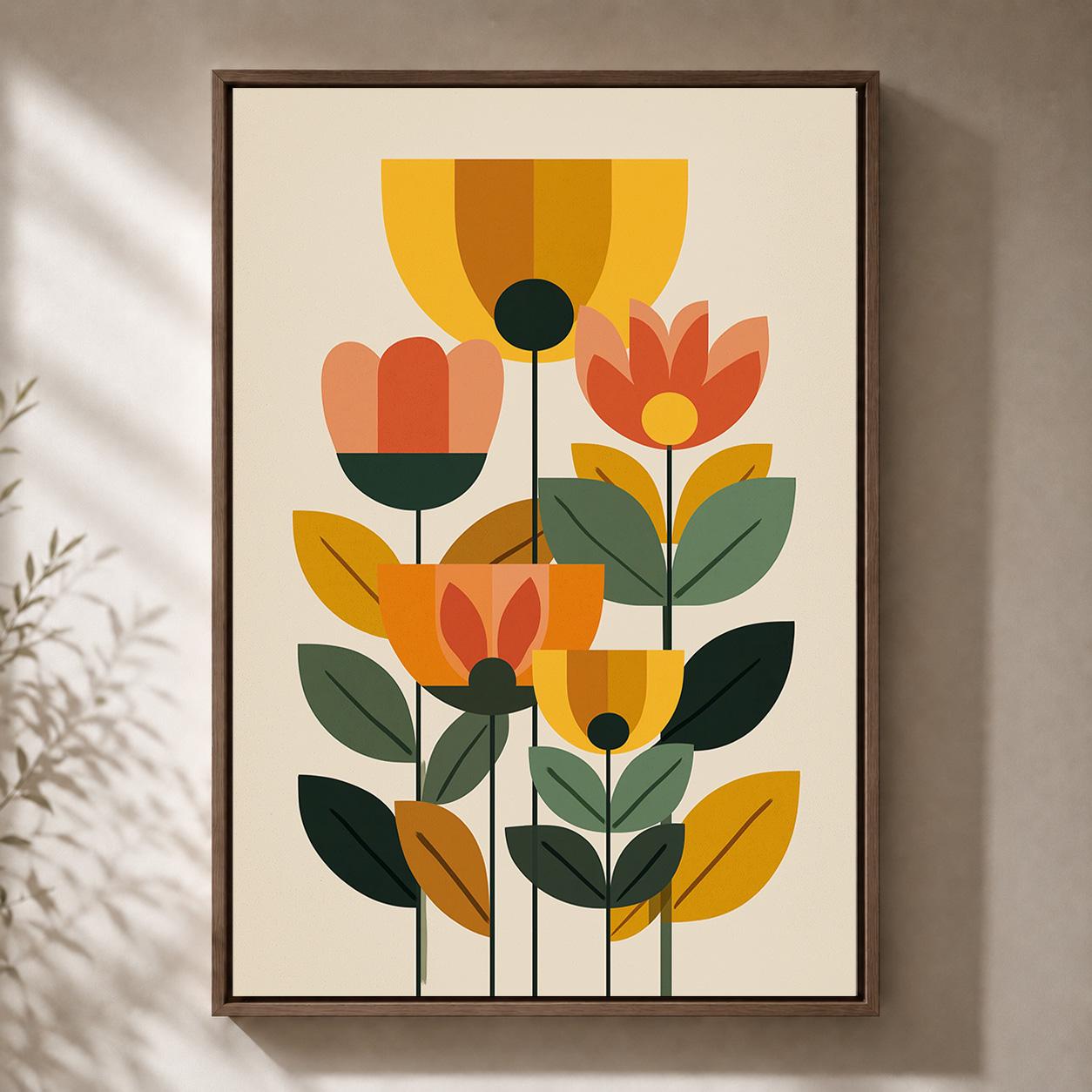 Mid Century Modern Floral Scandinavian Framed Canvas Art