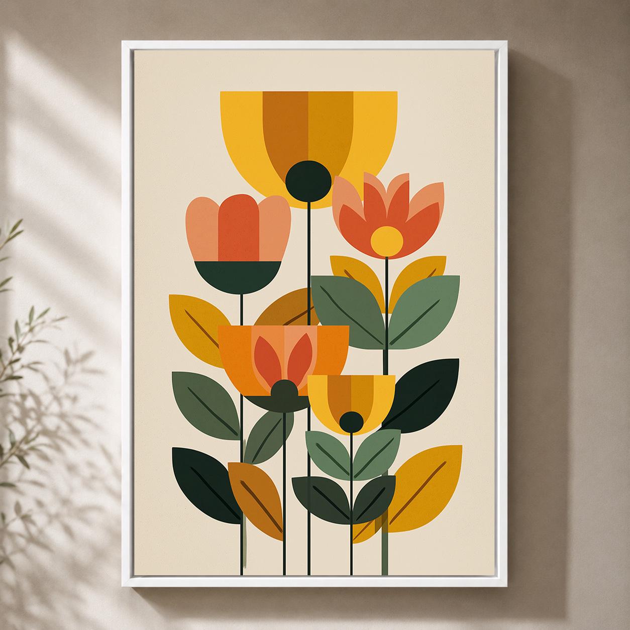 Mid Century Modern Floral Scandinavian Framed Canvas Art