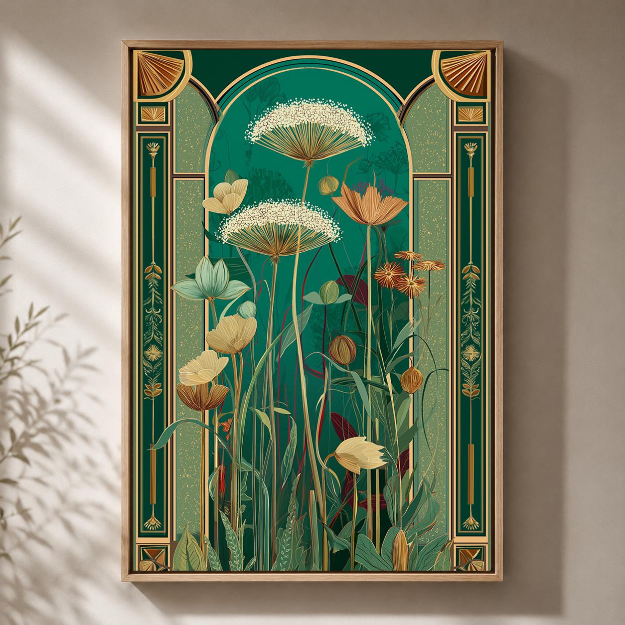 Art Deco Botanical Emerald Green Floral Framed Canvas