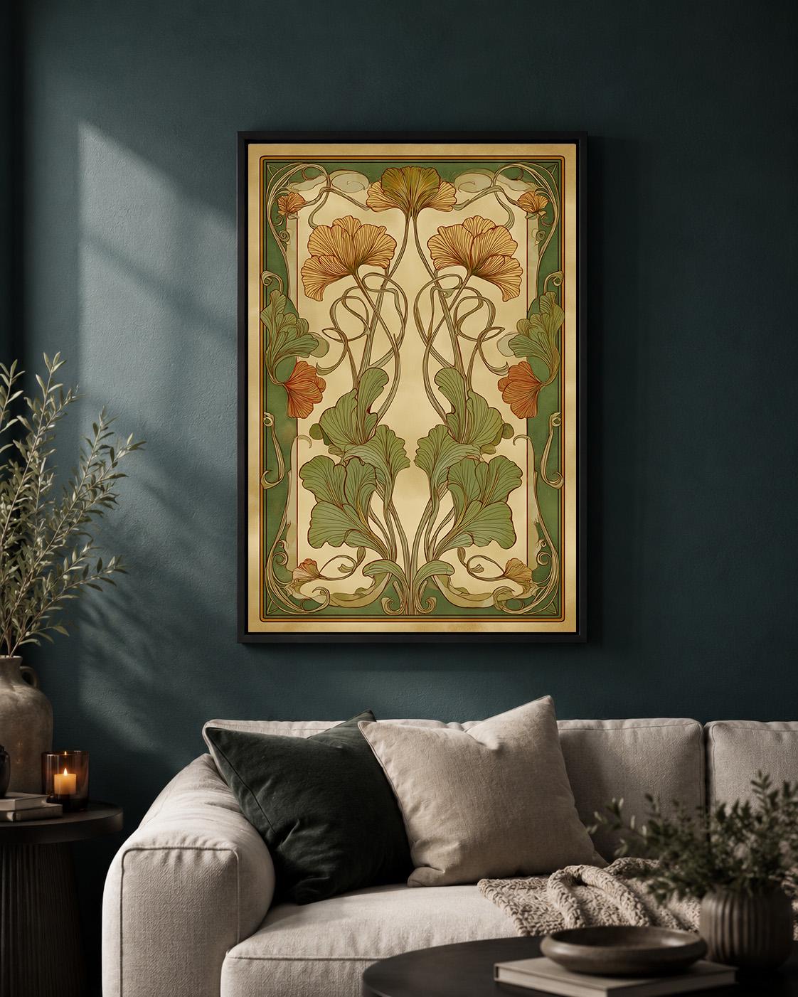 Vintage Botanical Ginkgo Art Nouveau Framed Canvas