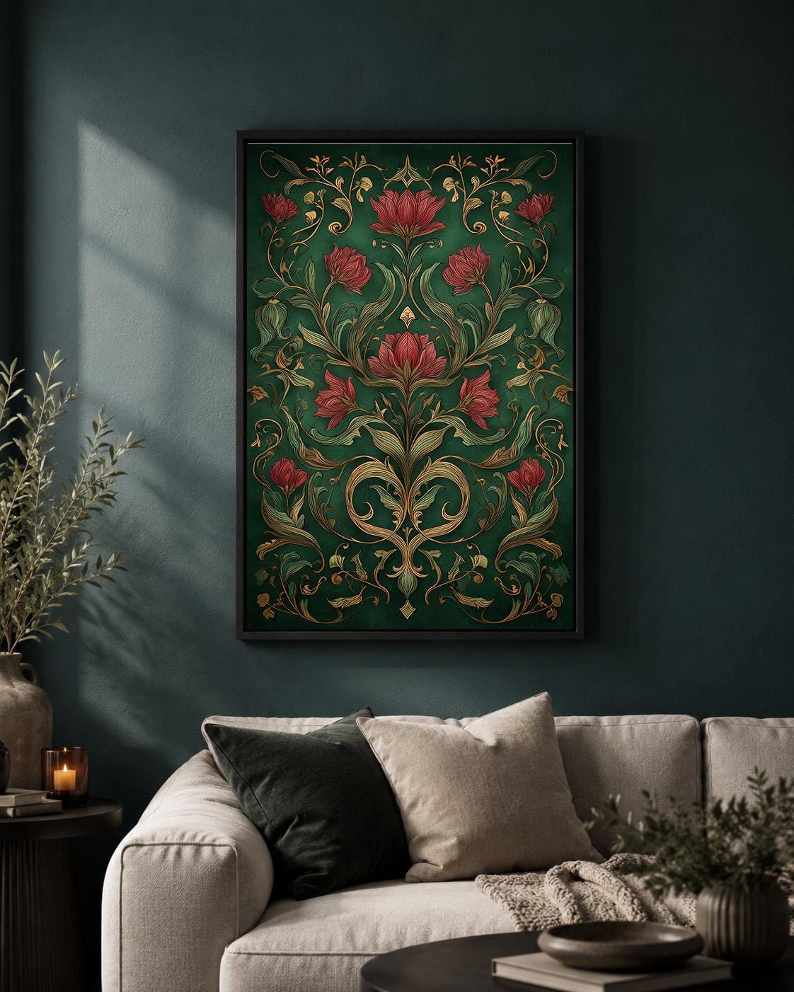Art Nouveau Dark Floral Framed Canvas Print