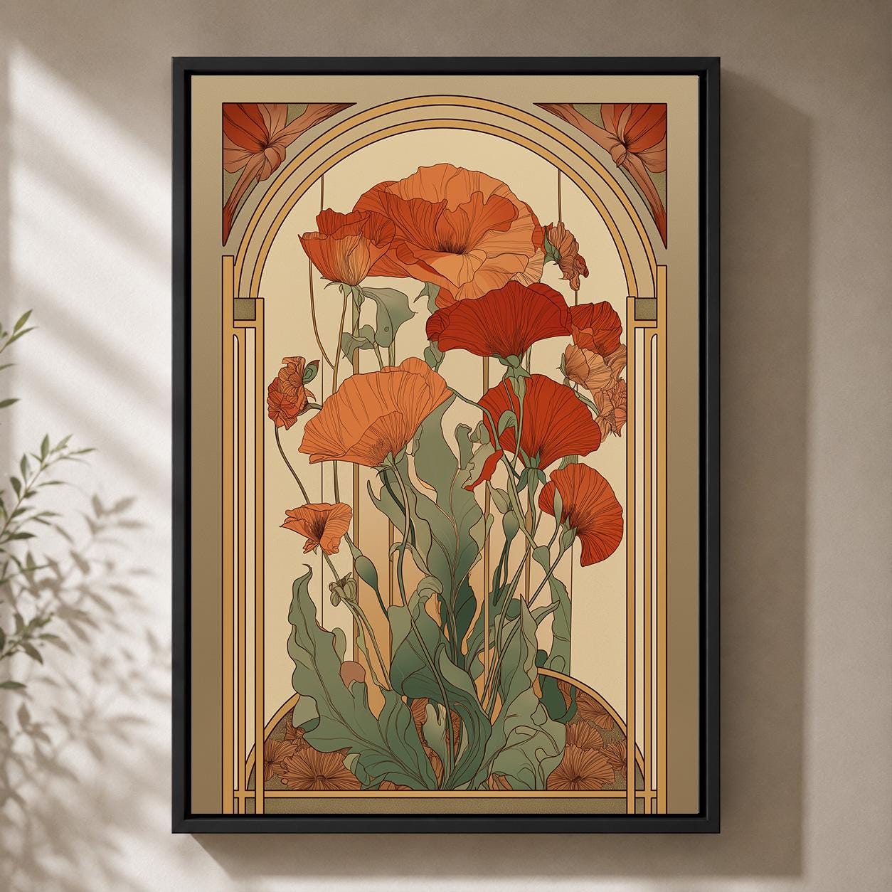 Mid Century Modern Terracotta Botanical Arch Framed Canvas