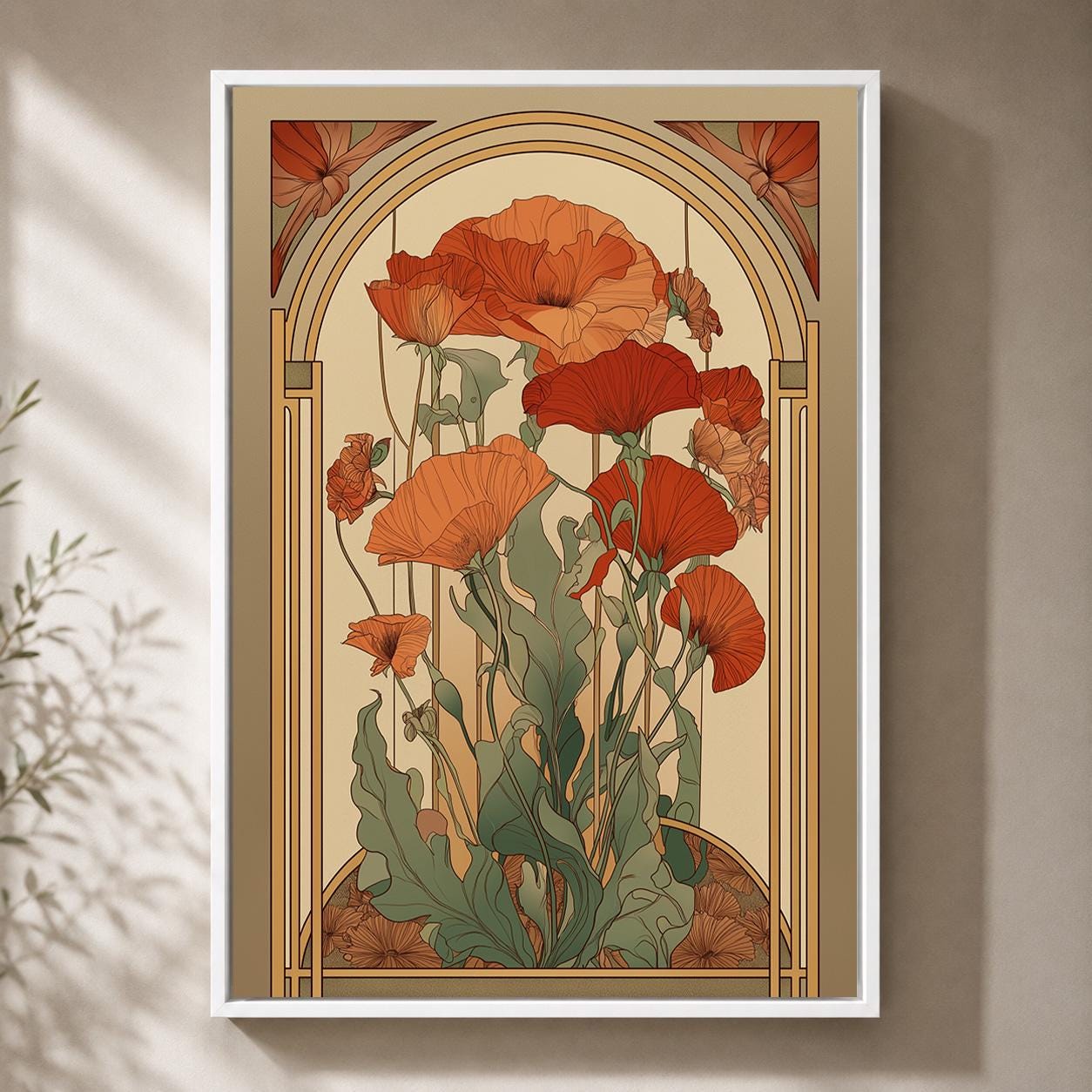 Mid Century Modern Terracotta Botanical Arch Framed Canvas