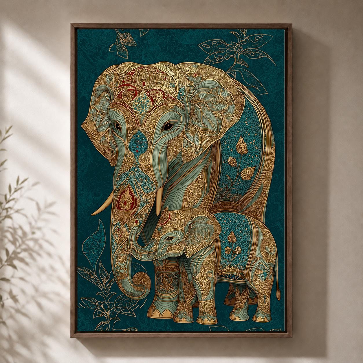 Boho Elephant and Calf Framed Canvas
