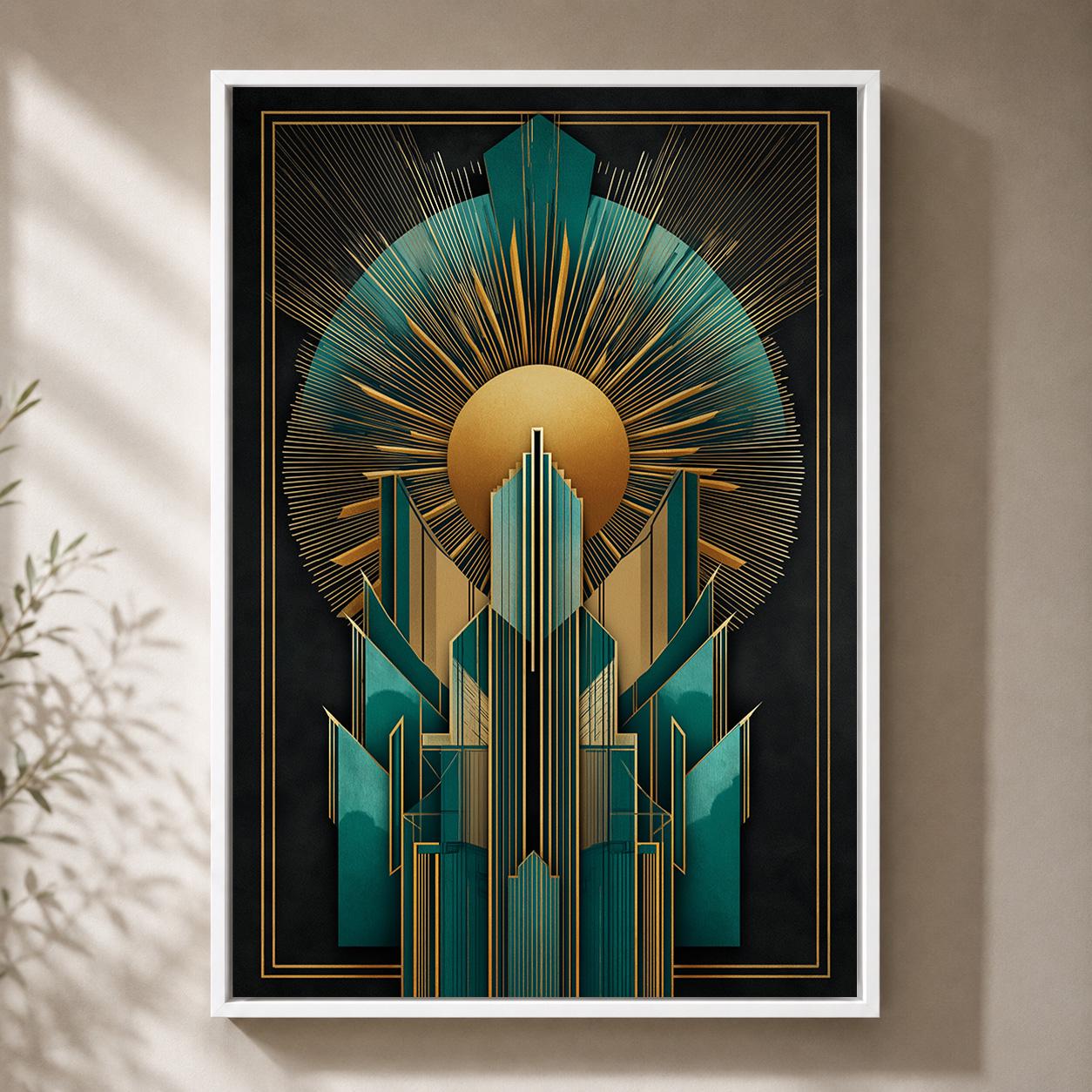 Art Deco Teal Gold Geometric Framed Canvas Wall Art