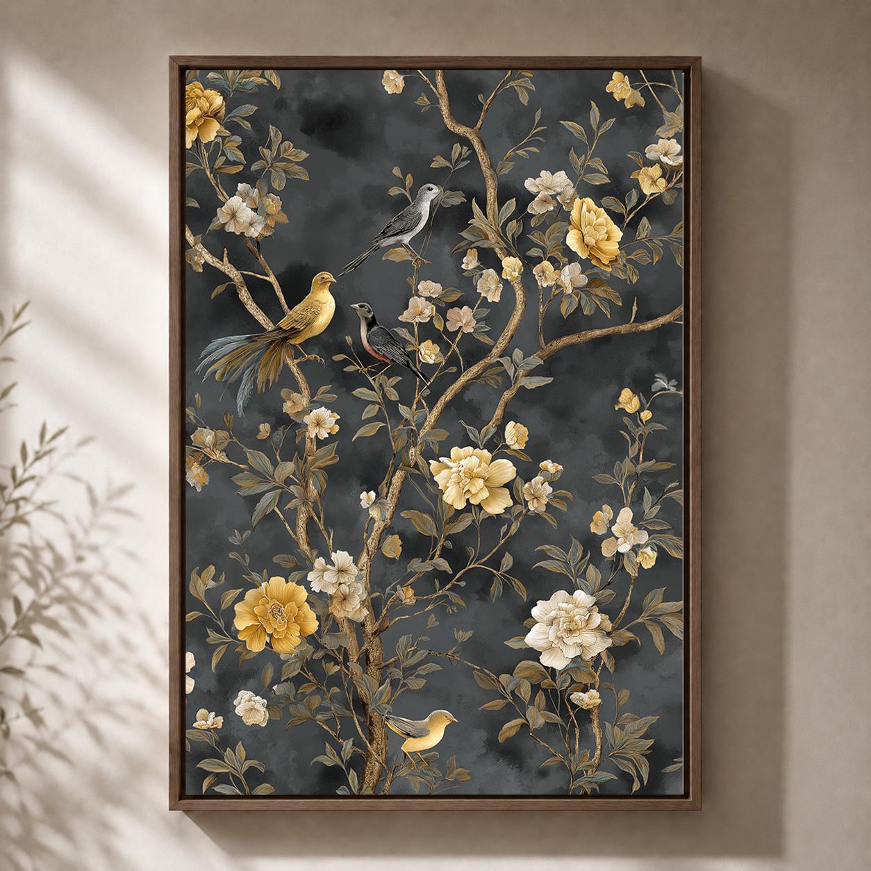Dark Chinoiserie Floral Bird Framed Canvas Art
