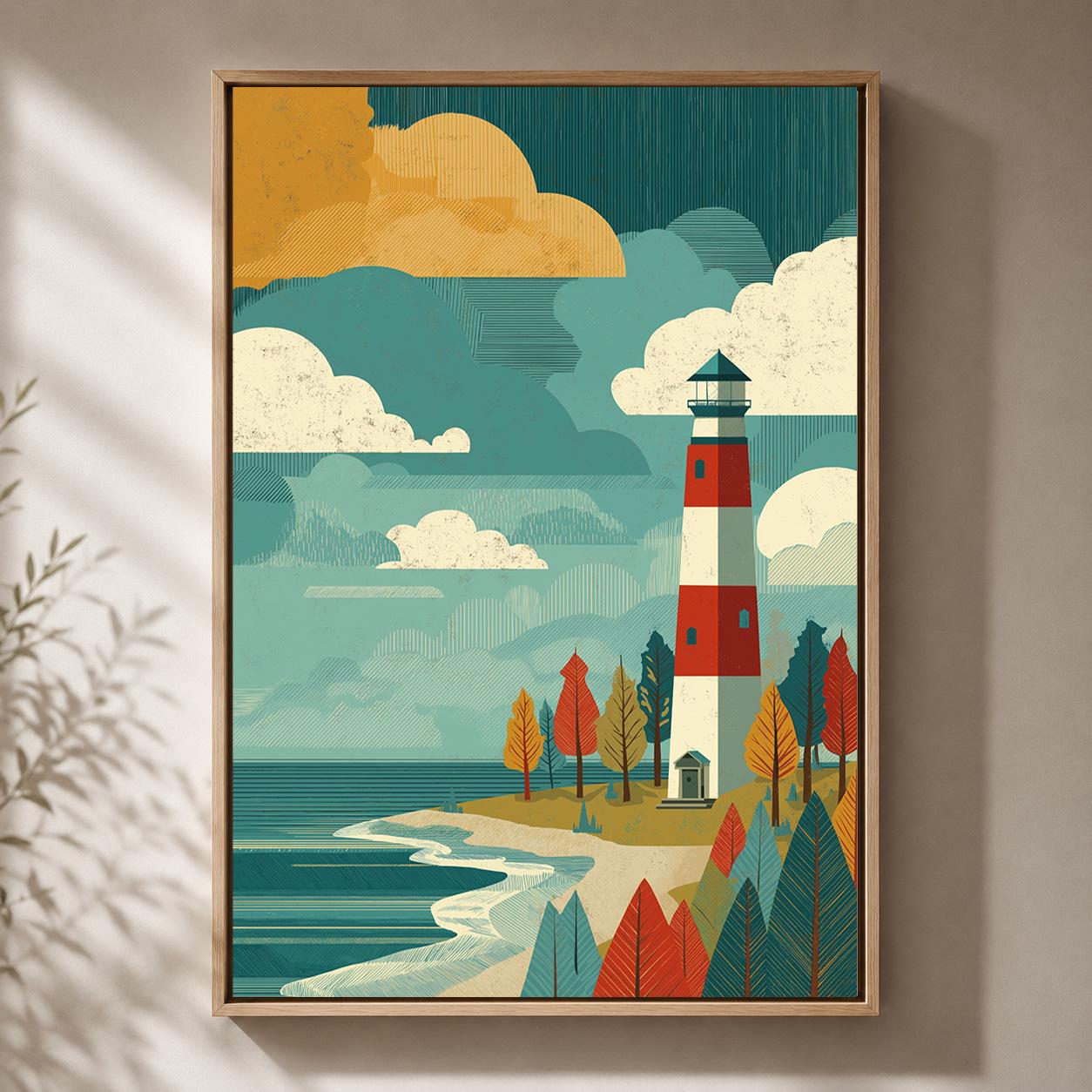 Mid Century Retro Lighthouse Framed Canvas Art