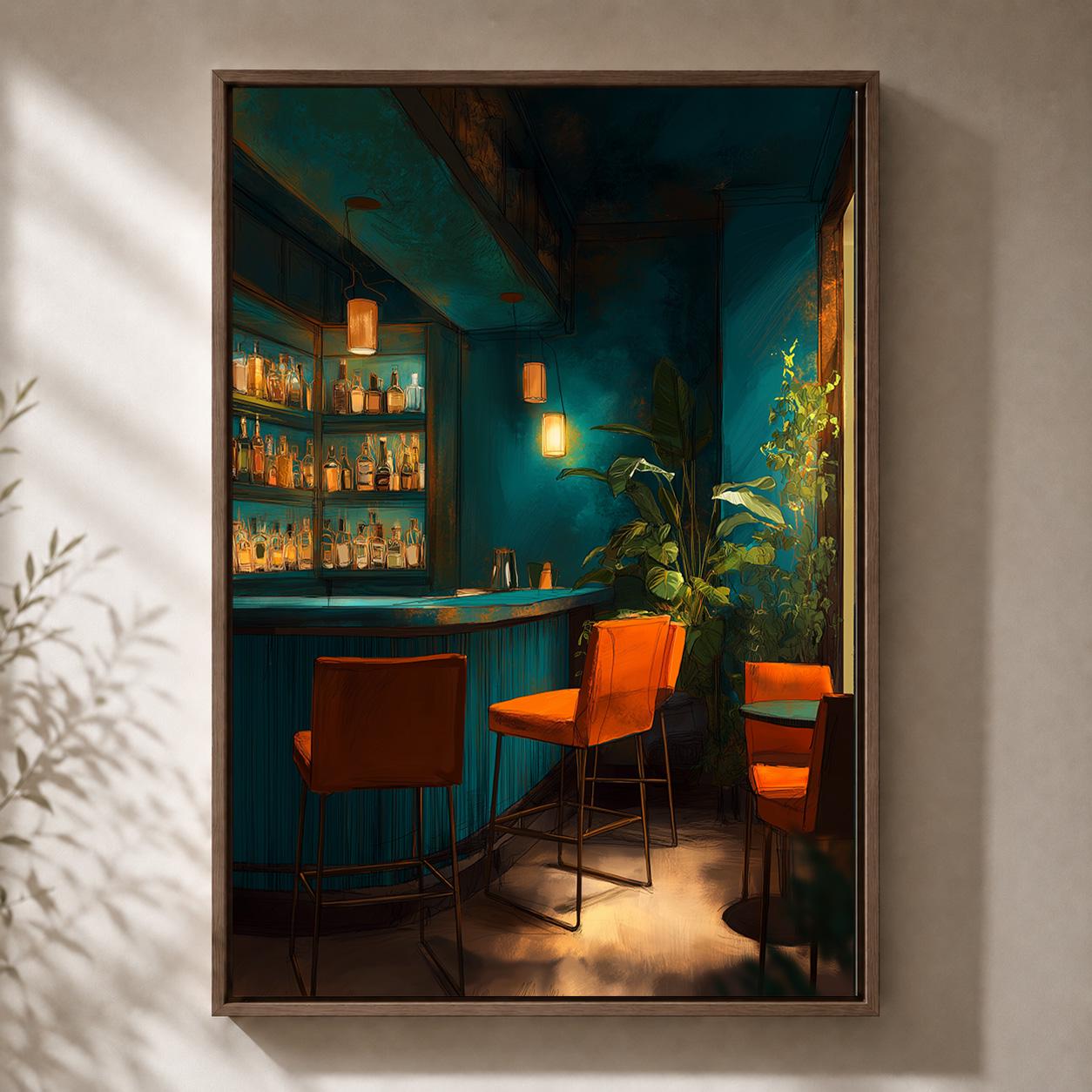 Moody Dark Teal Cocktail Bar Framed Canvas Art