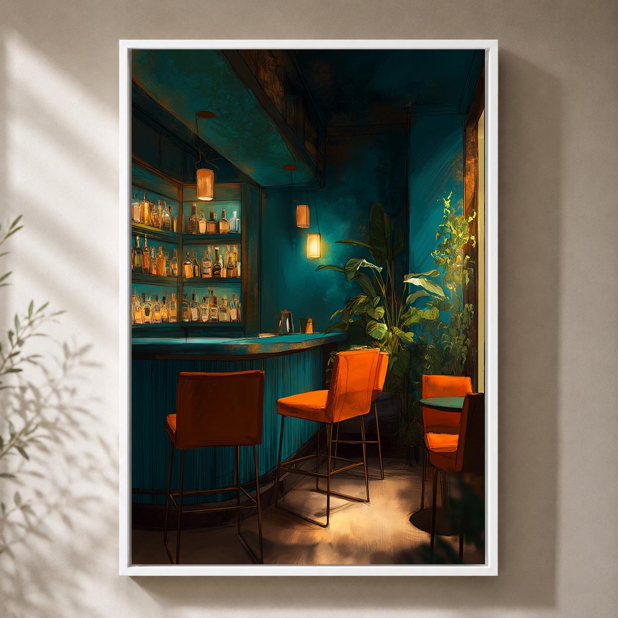 Moody Dark Teal Cocktail Bar Framed Canvas Art