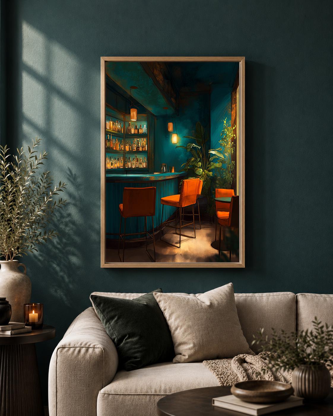 Moody Dark Teal Cocktail Bar Framed Canvas Art