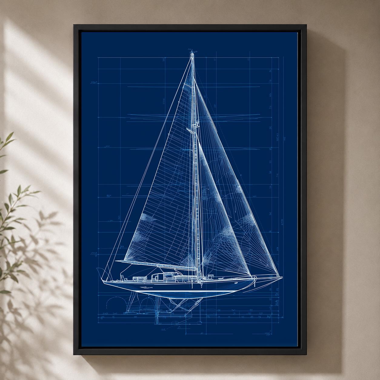 Sailboat Blueprint Framed Canvas