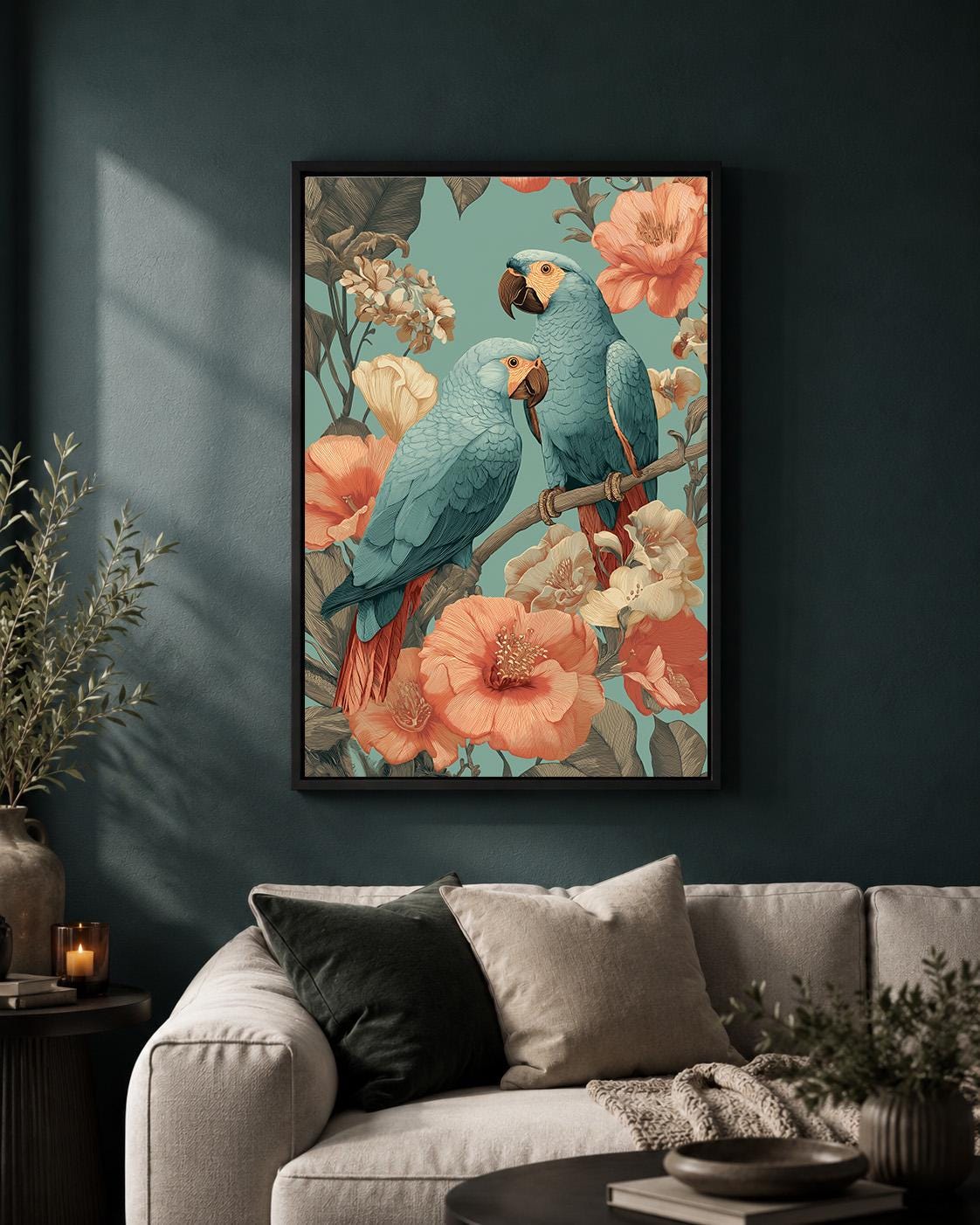 Blue Parrots Tropical Floral Framed Canvas