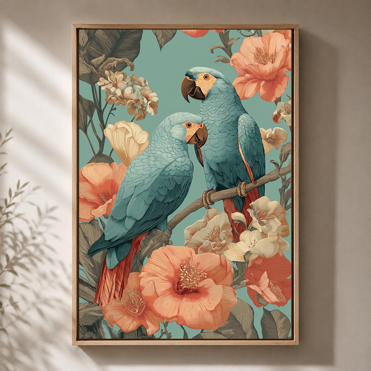 Blue Parrots Tropical Floral Framed Canvas