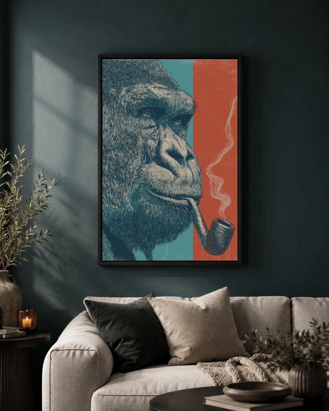 Gorilla Smoking Framed Canvas