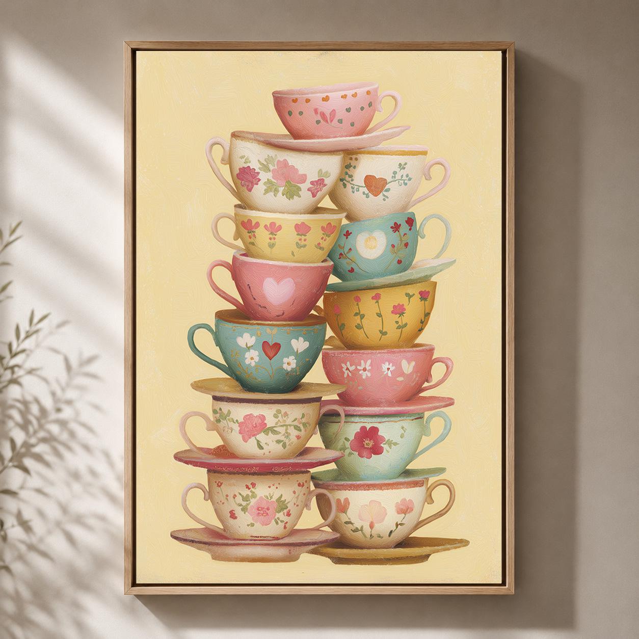 Stacked Floral Teacups Framed Canvas